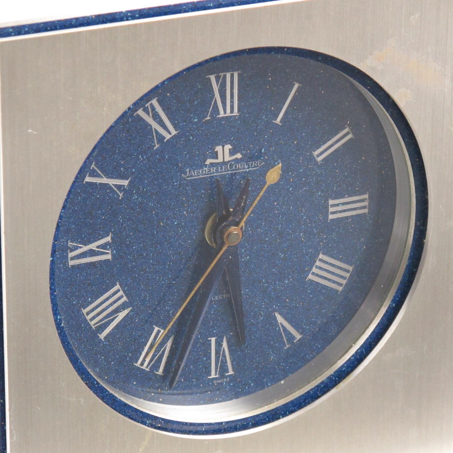 Jaeger LeCoultre Table Desk Clock Brushed Stainless Steel Faux Lapis Enamel Dial In Good Condition In Atlanta, GA