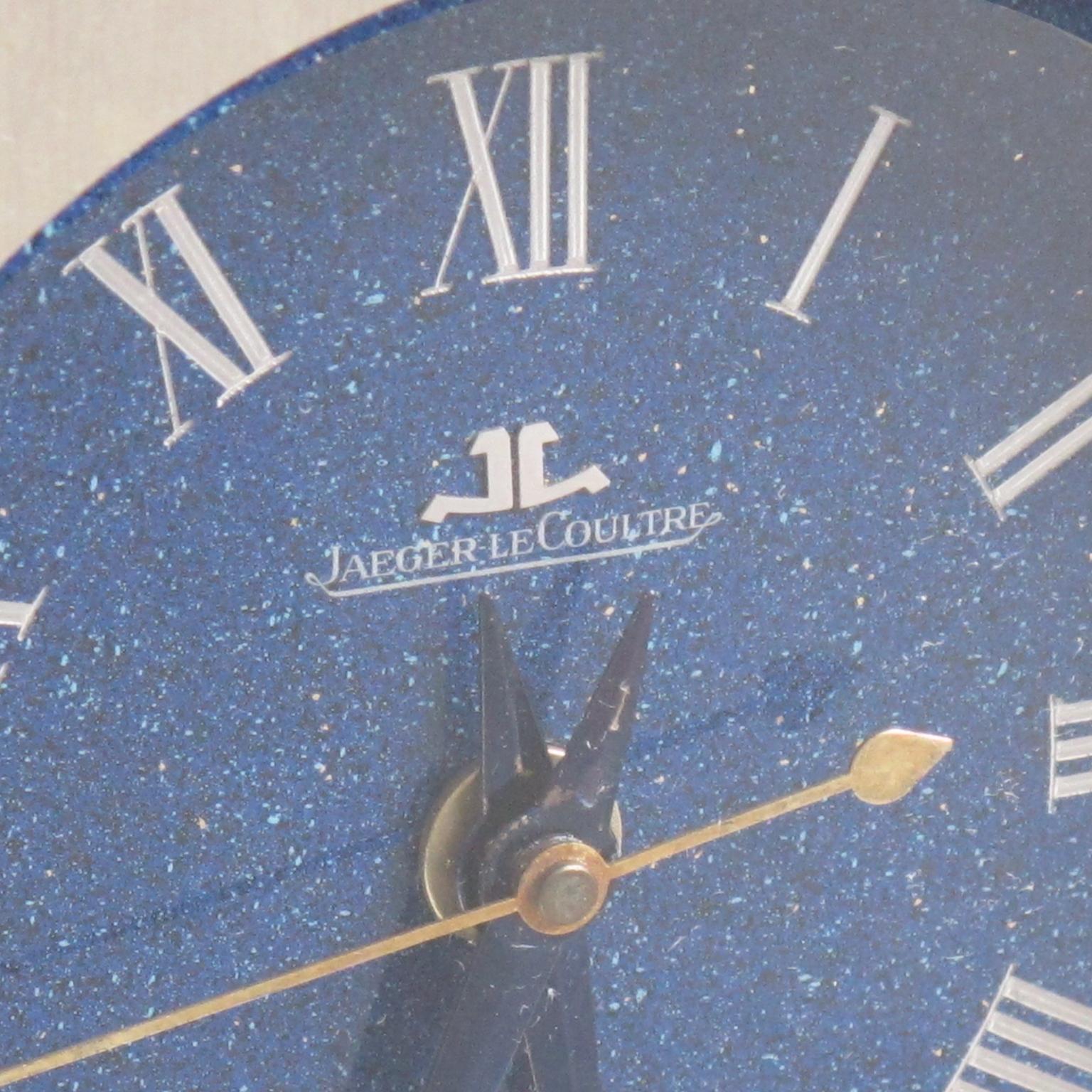 Late 20th Century Jaeger LeCoultre Table Desk Clock Brushed Stainless Steel Faux Lapis Enamel Dial