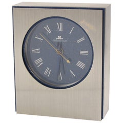 Jaeger LeCoultre Table Desk Clock Brushed Stainless Steel Faux Lapis Enamel Dial