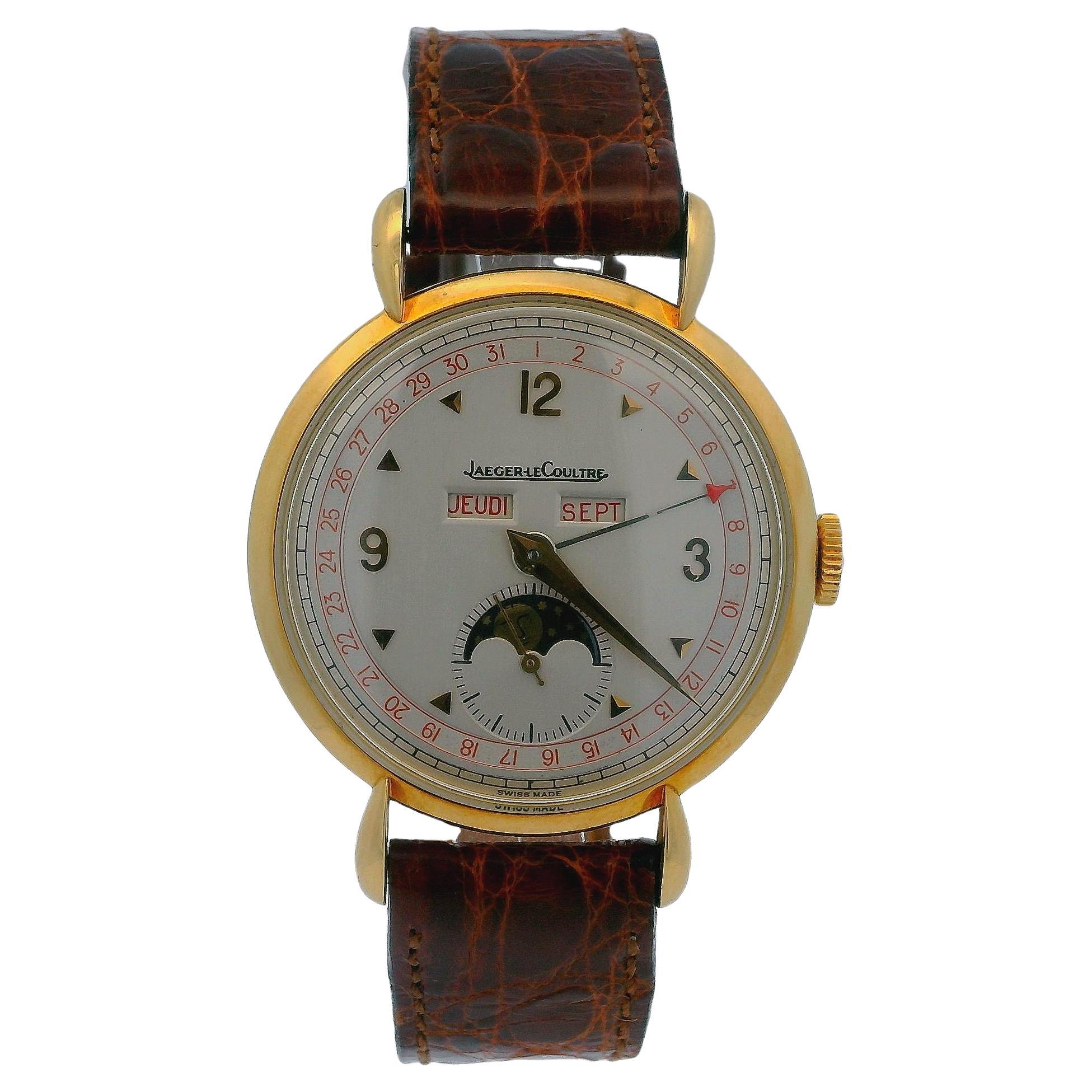 Jaeger LeCoultre Triple Date Moon Phase French Print 18K Yellow Gold Watch