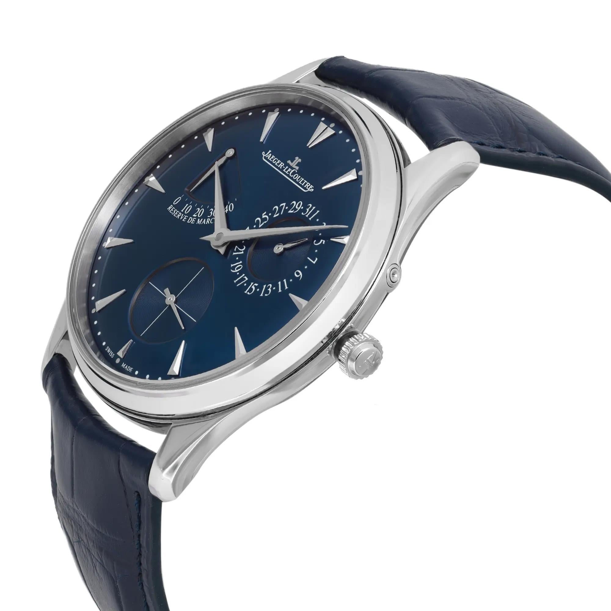 Jaeger Lecoultre Ultra Thin Reserve De Marche Steel Blue Dial Watch Q1378480 In Excellent Condition For Sale In New York, NY