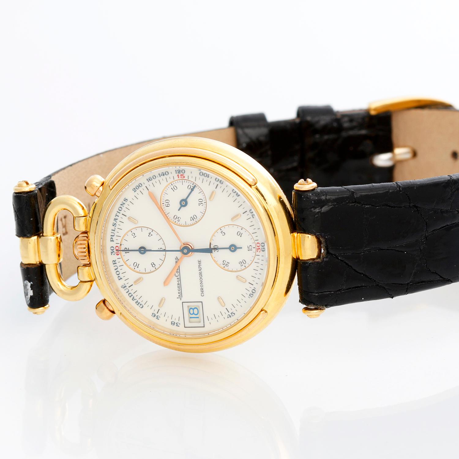 Jaeger-LeCoultre Vintage 18K Yellow Gold Odysseus Chronograph 411.7.31 - Quartz. 18K Yellow Gold ( 30 mm ). Enamel Dial with 3 sub dials ; Chronograph Registers And Constant Seconds Sub dials, Date Aperture, Minutes And Pulsometer Outer Rings. Black