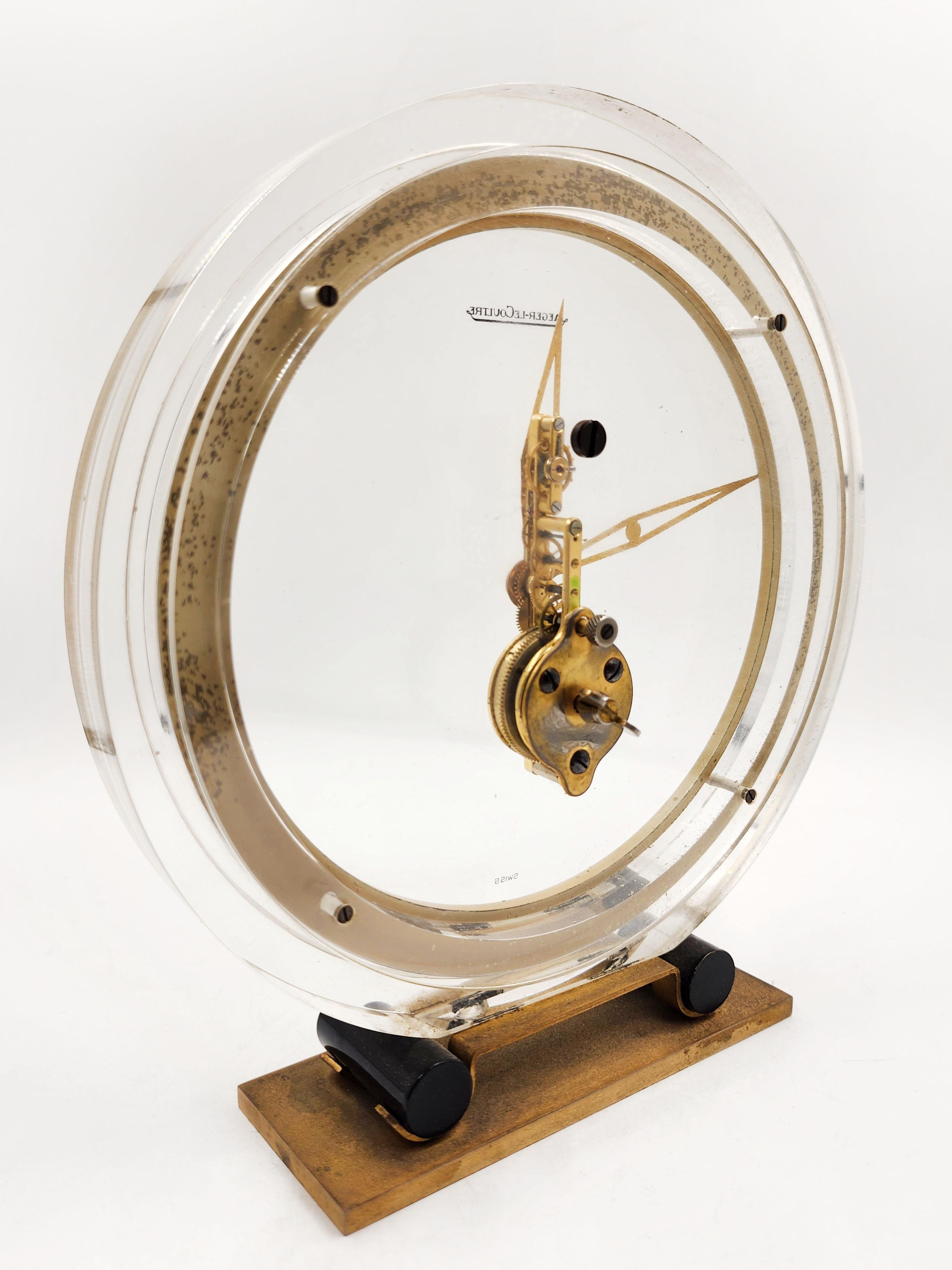 Mid-Century Modern Jaeger LeCoultre Vintage Brass Table Clock, 8 Day Movement For Sale