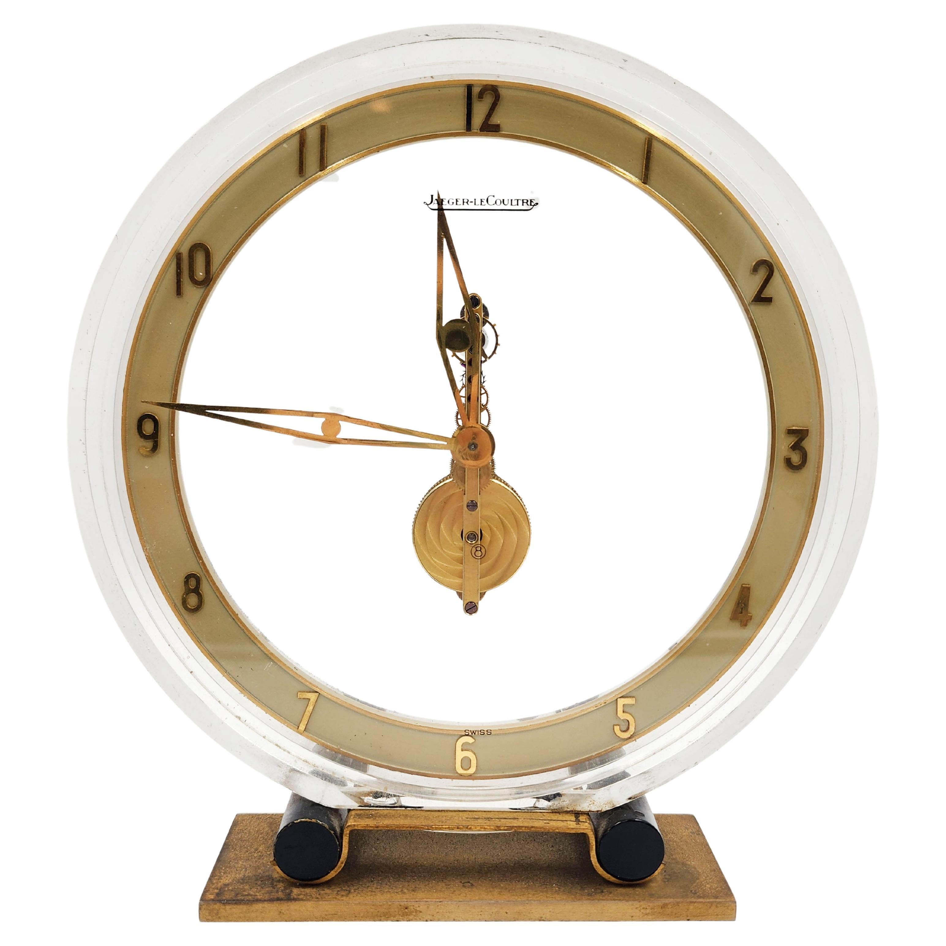 Horloge de table Jaeger LeCoultre vintage en laiton, mouvement 8 jours