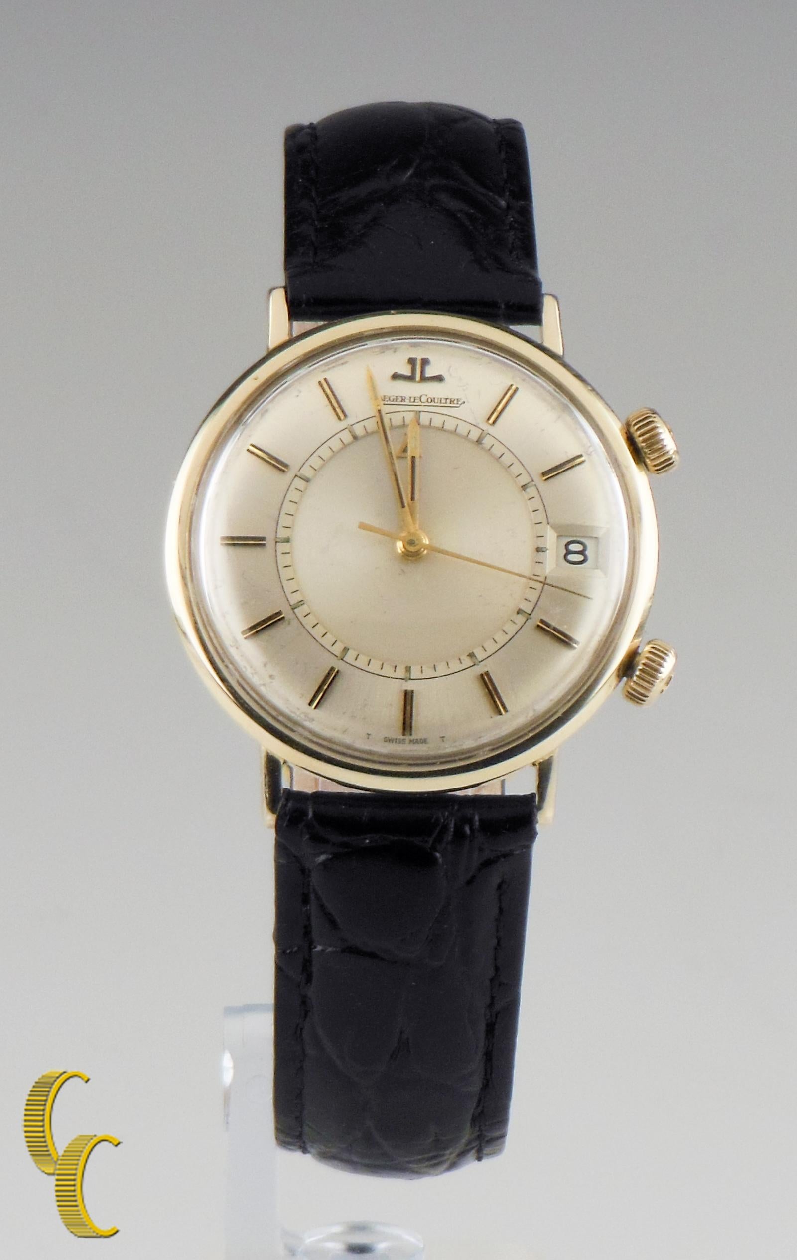 Jaeger- Lecoultre Hand-Winding Alarm Watch W/ Original Box and Case
Model: Alarm watch
Movement #: K911.1940859
Case #: E11008-1134085

Gold Plated Round Case w/ Two Crowns
Case diameter = 35 mm (37 mm w/ Crown) 
Lug-to-Lug Distance = 38