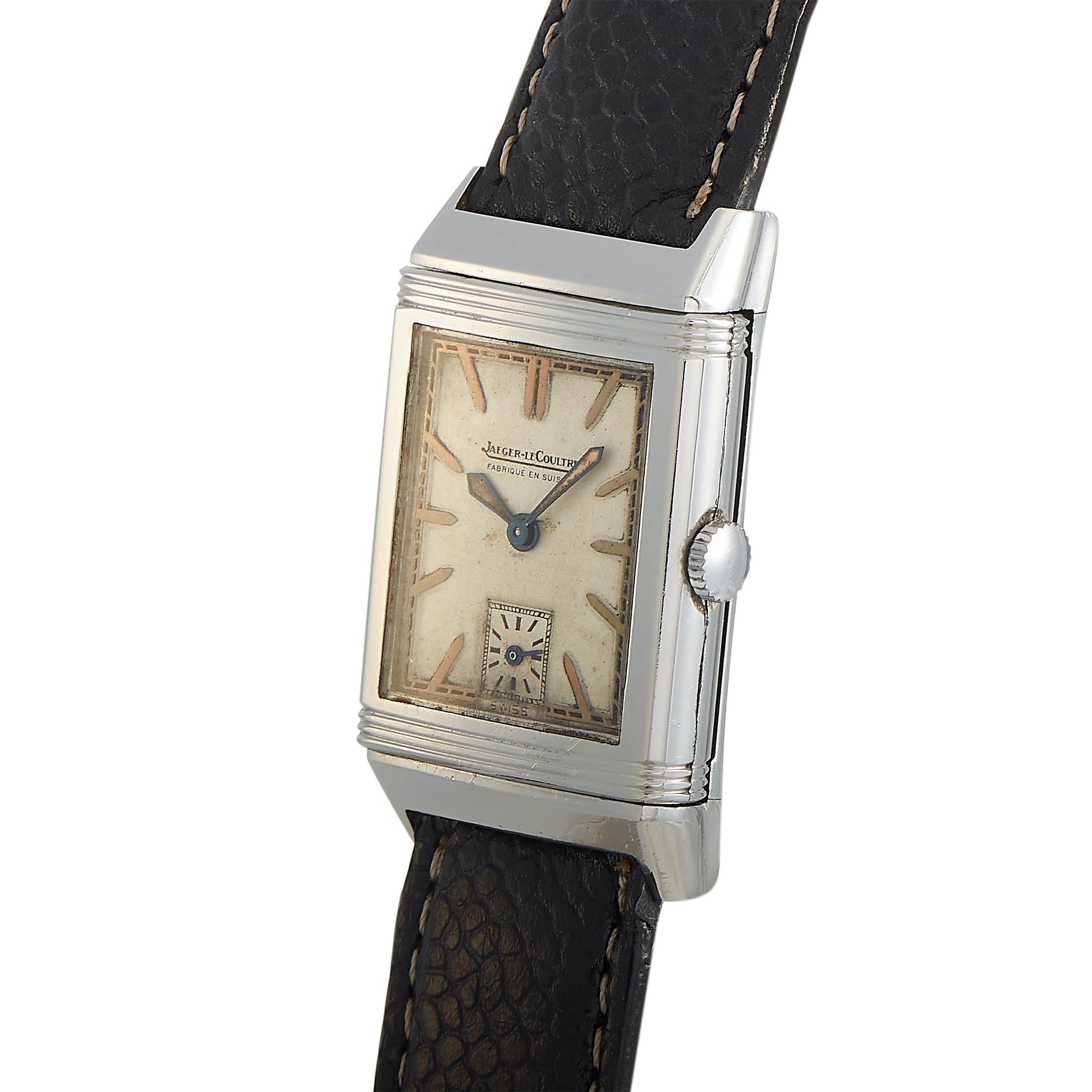 The Jaeger-LeCoultre Reverso was created in 1931 to withstand polo matches, by reversing the case to reveal a back that fully protects the face of the watch. 

This vintage Reverso timepiece from c. 1940 is presented with a stainless steel case that