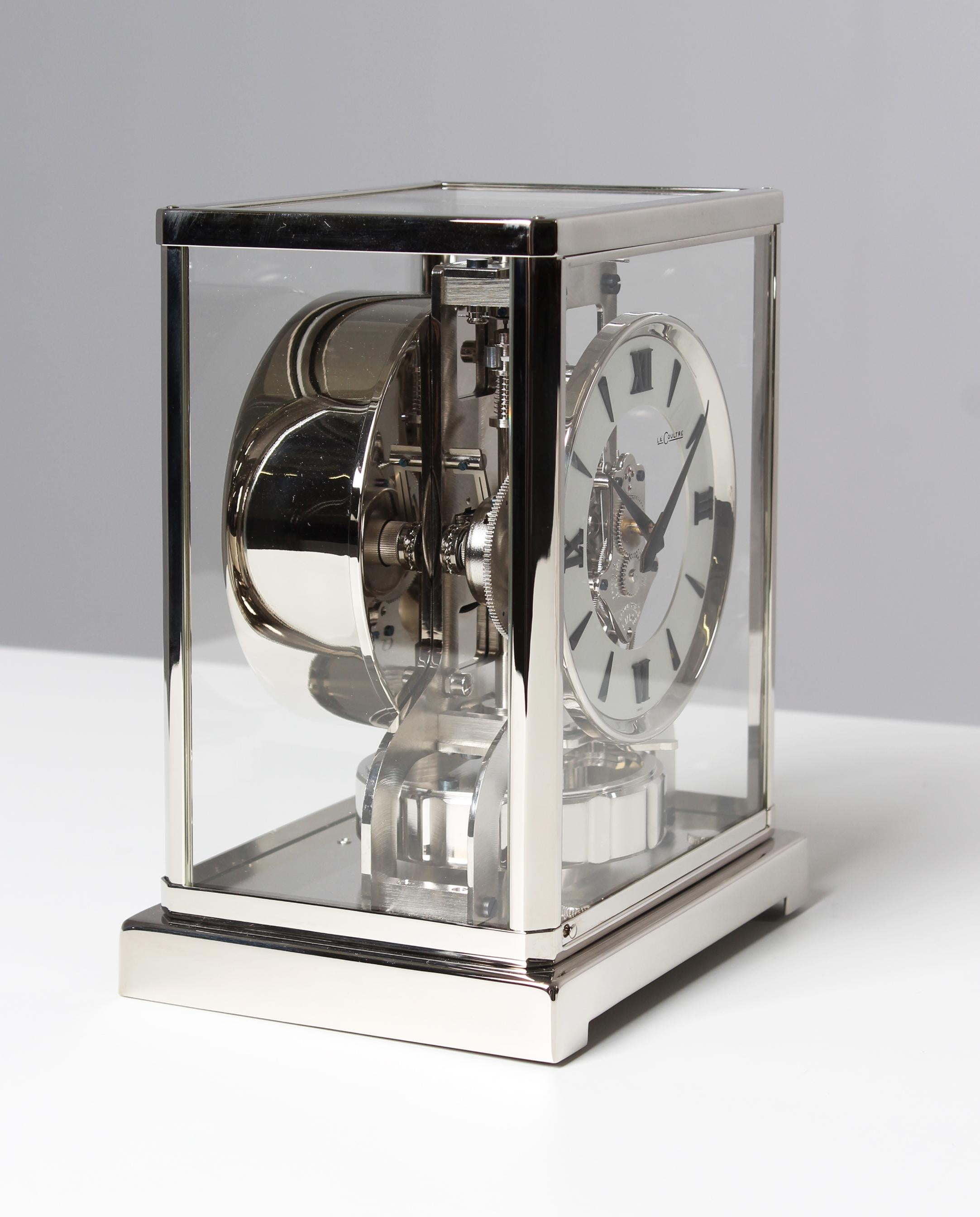 Mid-20th Century Jaeger Lecoutre, Silver Atmos Clock from 1956, Revised and New Nickel-Plated