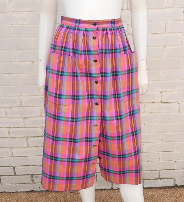 Jaeger Plaid Cotton Top and Reversible Skirt Dress Ensemble, 1970's For