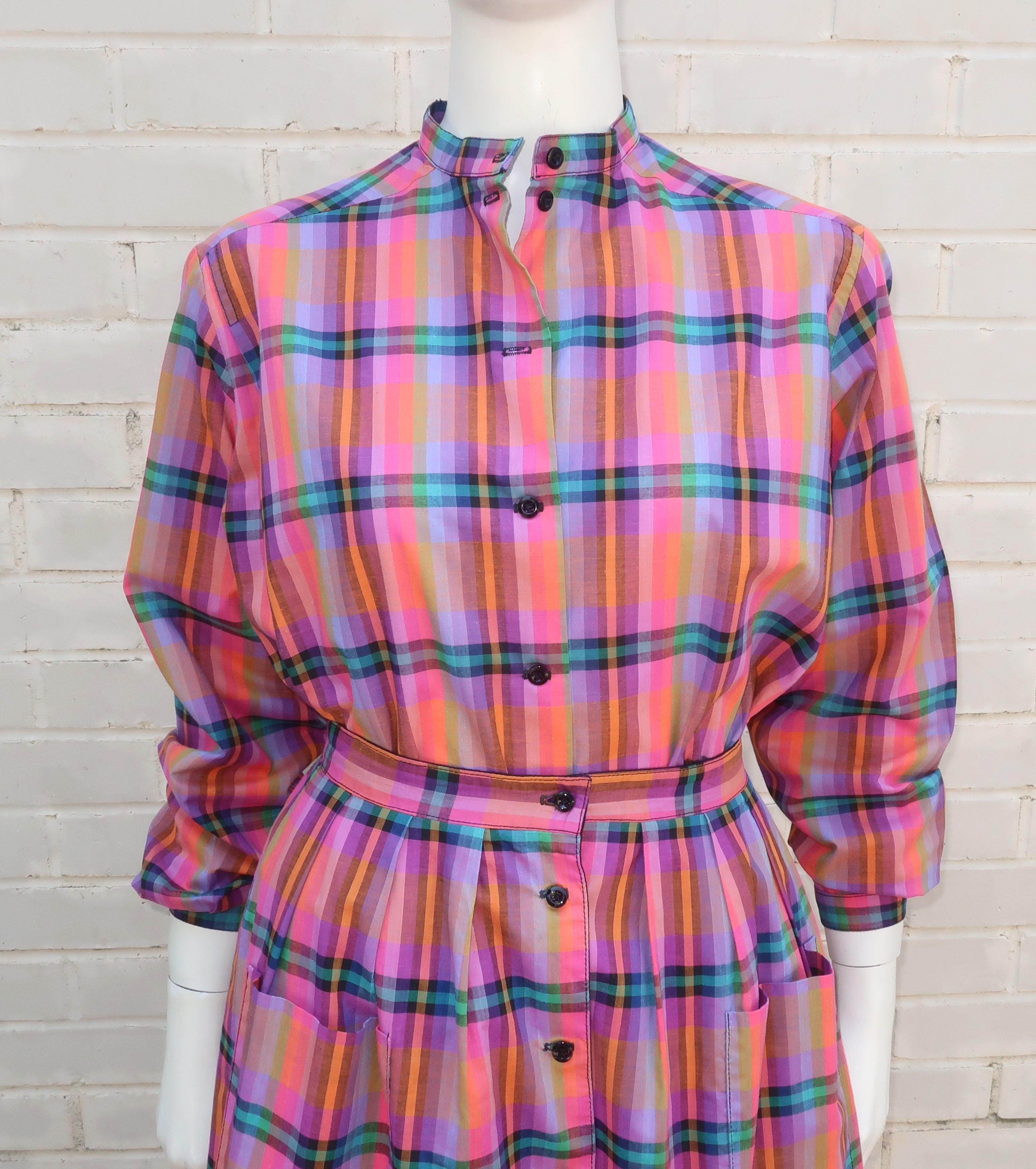 Pink Jaeger Plaid Cotton Top & Reversible Skirt Dress Ensemble, 1970's For Sale