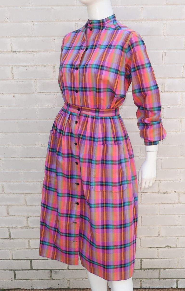 Jaeger Plaid Cotton Top and Reversible Skirt Dress Ensemble, 1970's For