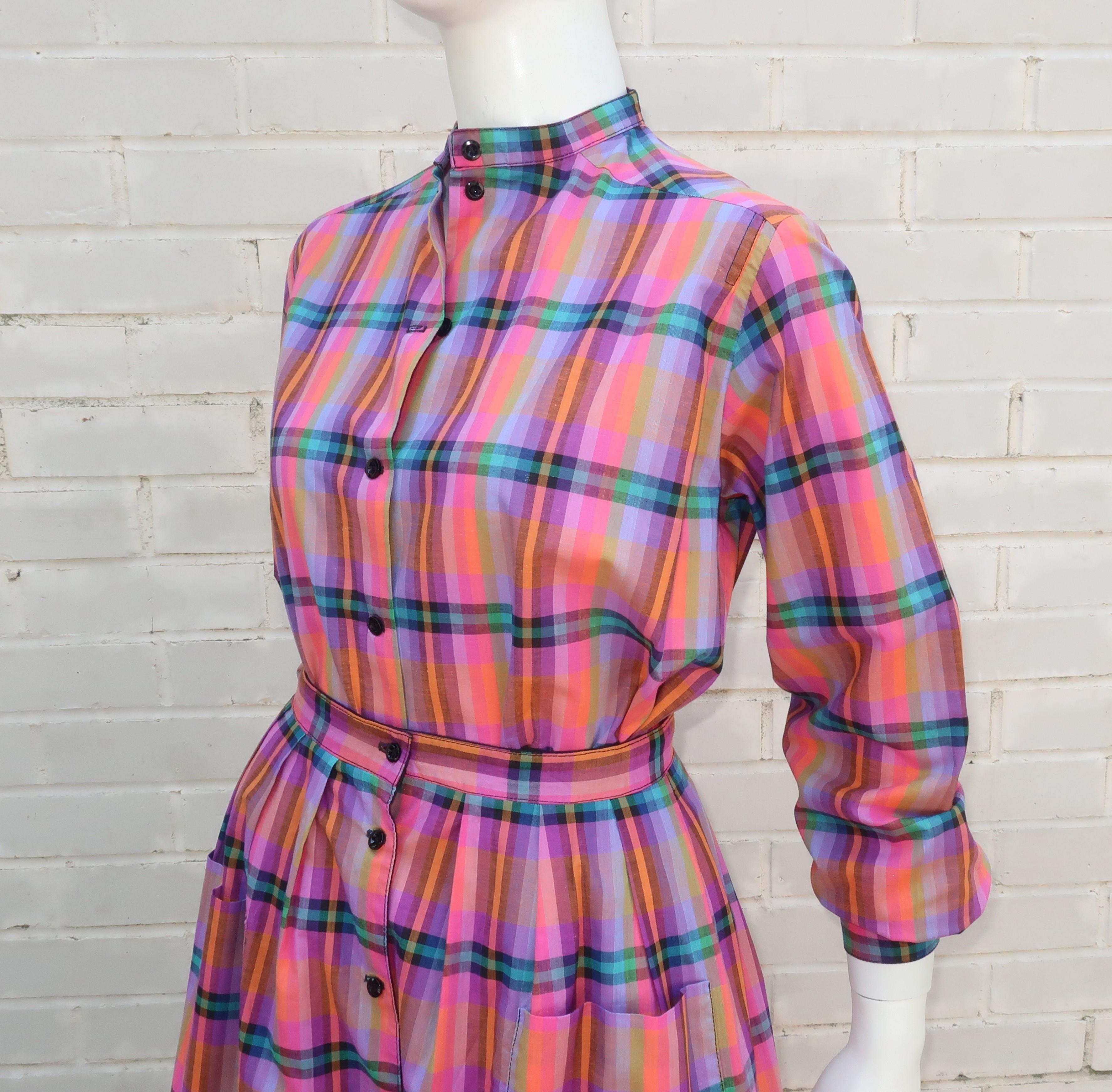 Jaeger Plaid Cotton Top & Reversible Skirt Dress Ensemble, 1970's 1