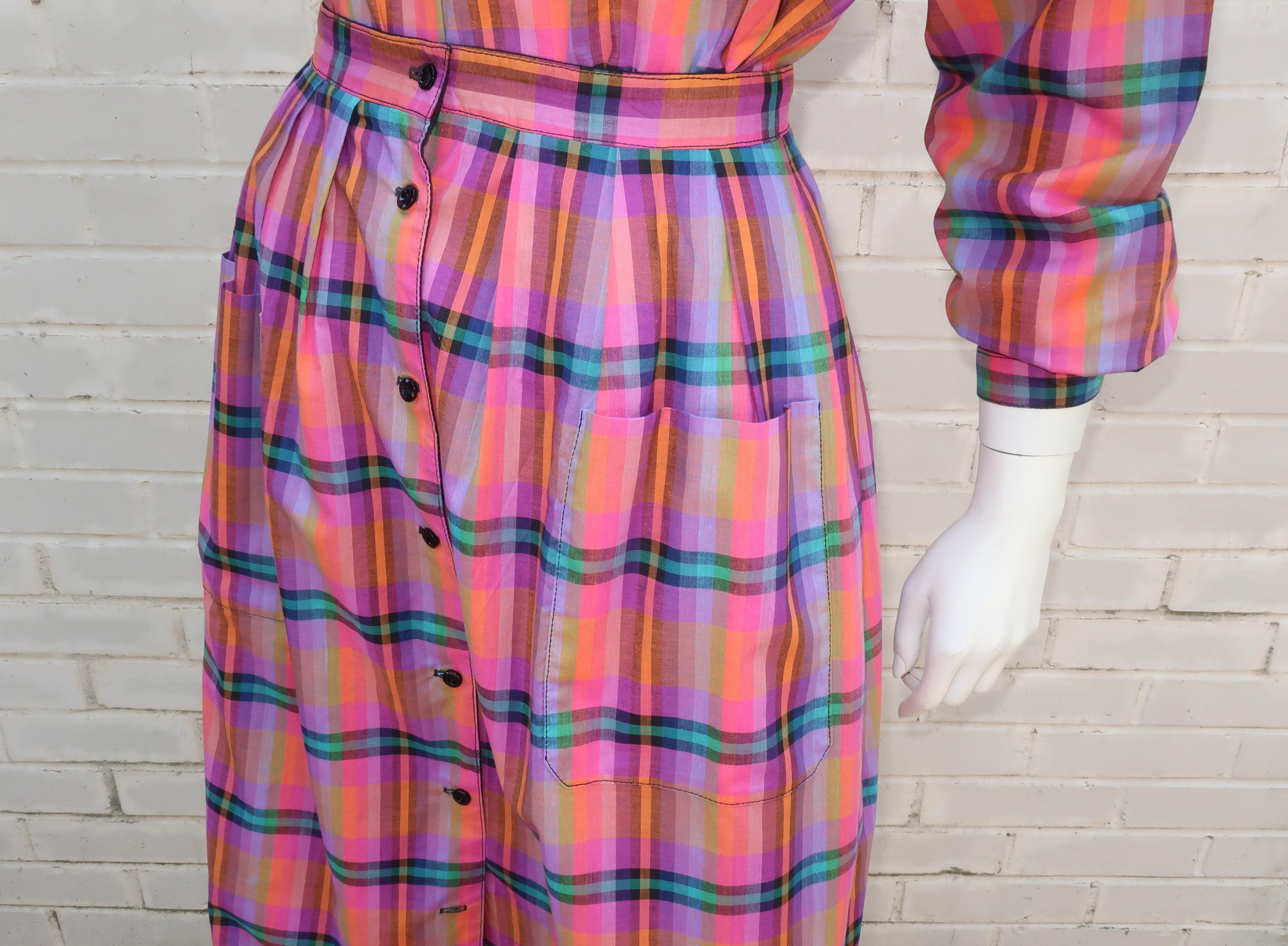 Jaeger Plaid Cotton Top & Reversible Skirt Dress Ensemble, 1970's 2
