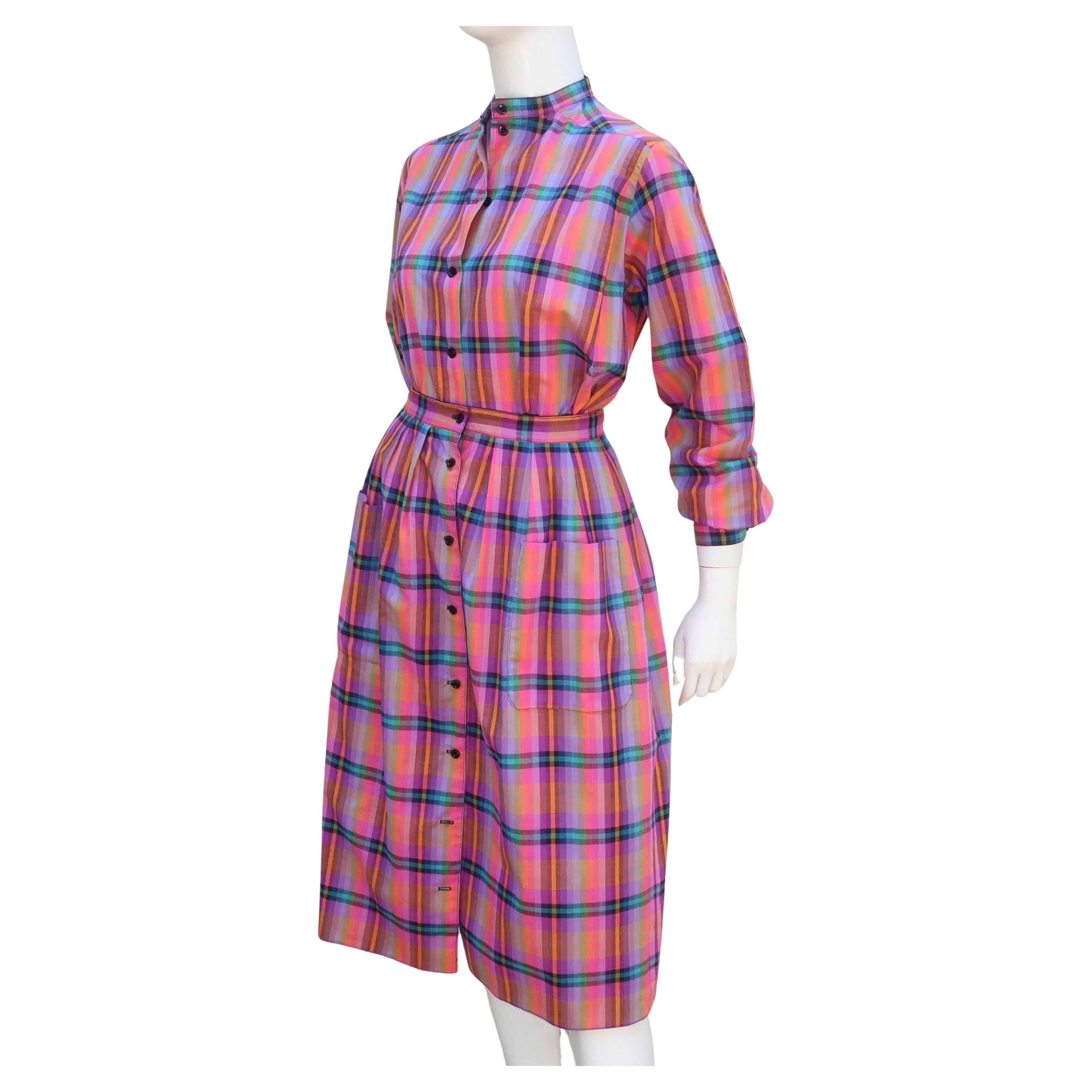 Jaeger Plaid Cotton Top & Reversible Skirt Dress Ensemble, 1970's For Sale