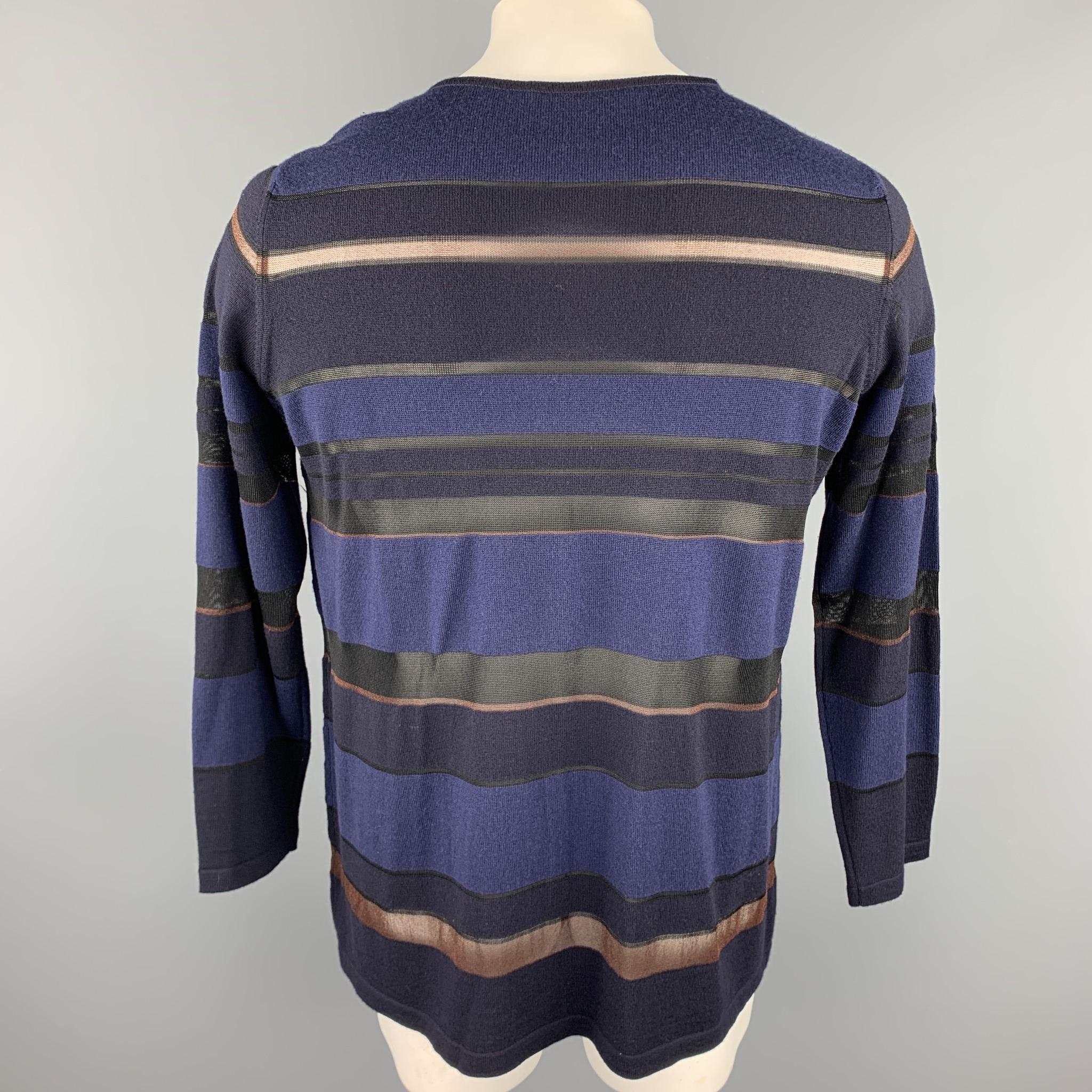 JAEGER Size L Navy & Black Stripe Wool Blend Crew-Neck Pullover In Excellent Condition In San Francisco, CA