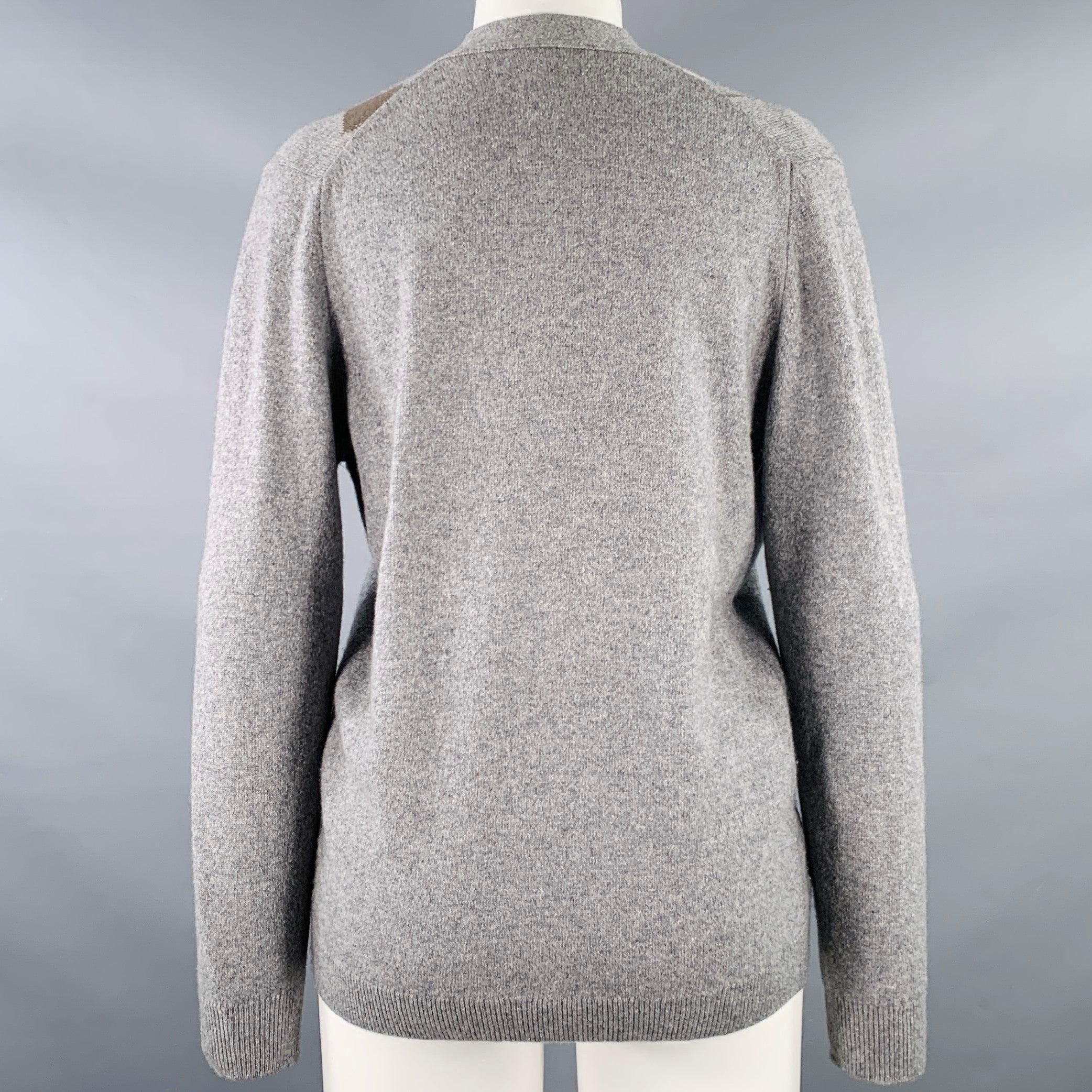 Gray JAEGER Size M Grey Cream Cashmere Diamond V-Neck Cardigan For Sale