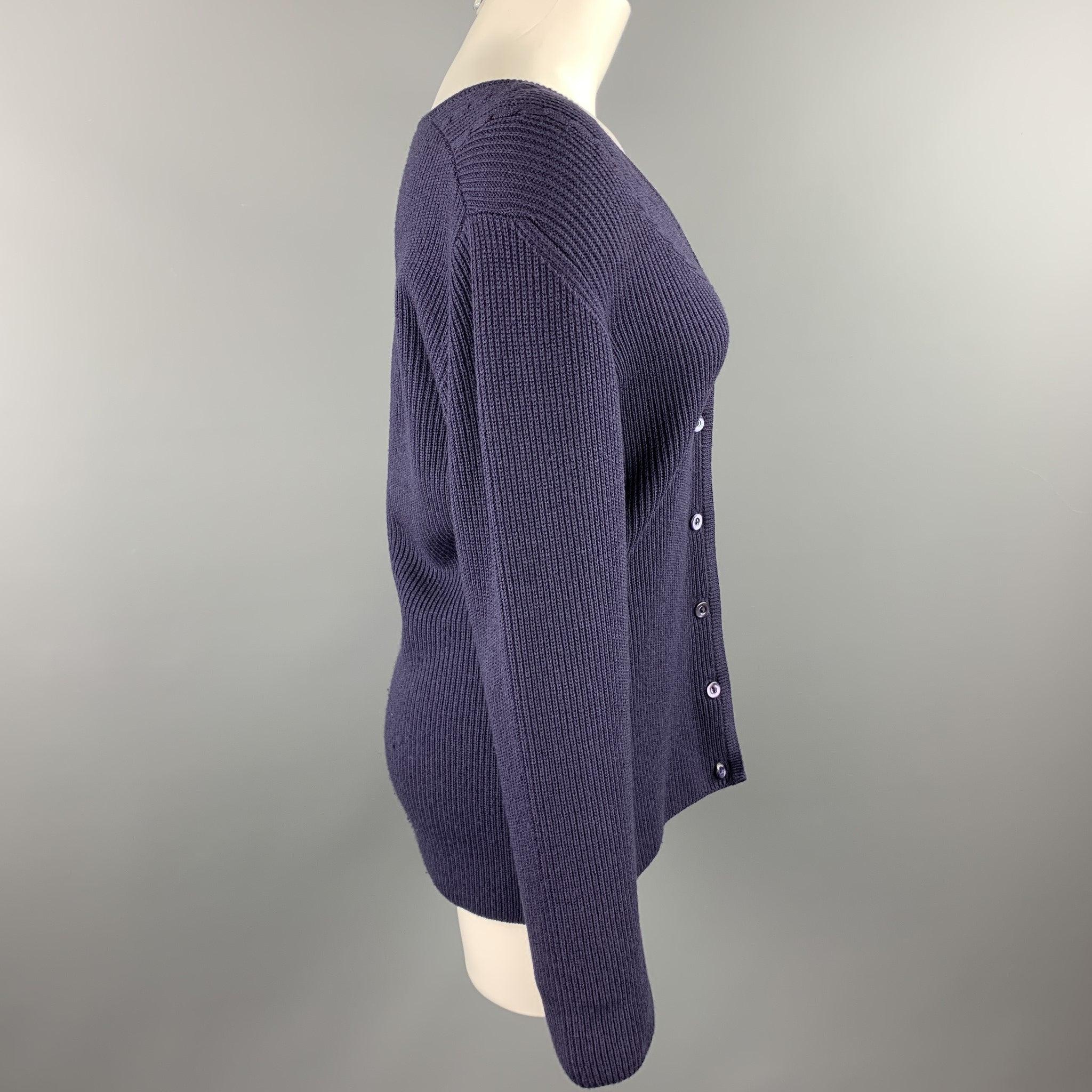 JAEGER Size M Navy Ribbed Merino Wool Buttoned Cardigan In Good Condition For Sale In San Francisco, CA