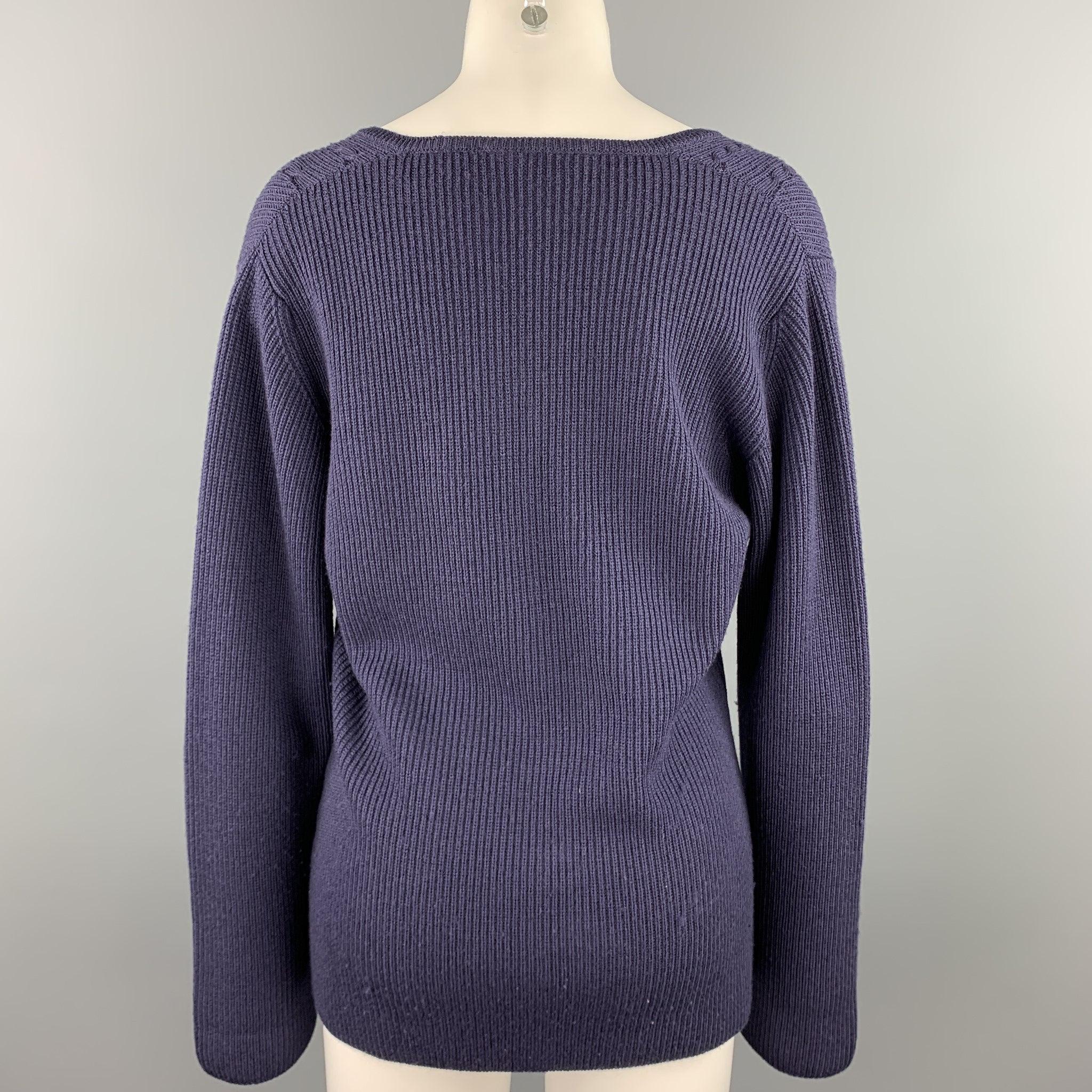 JAEGER - Cardigan boutonné en laine mérinos côtelée bleu marine, taille M Pour femmes en vente
