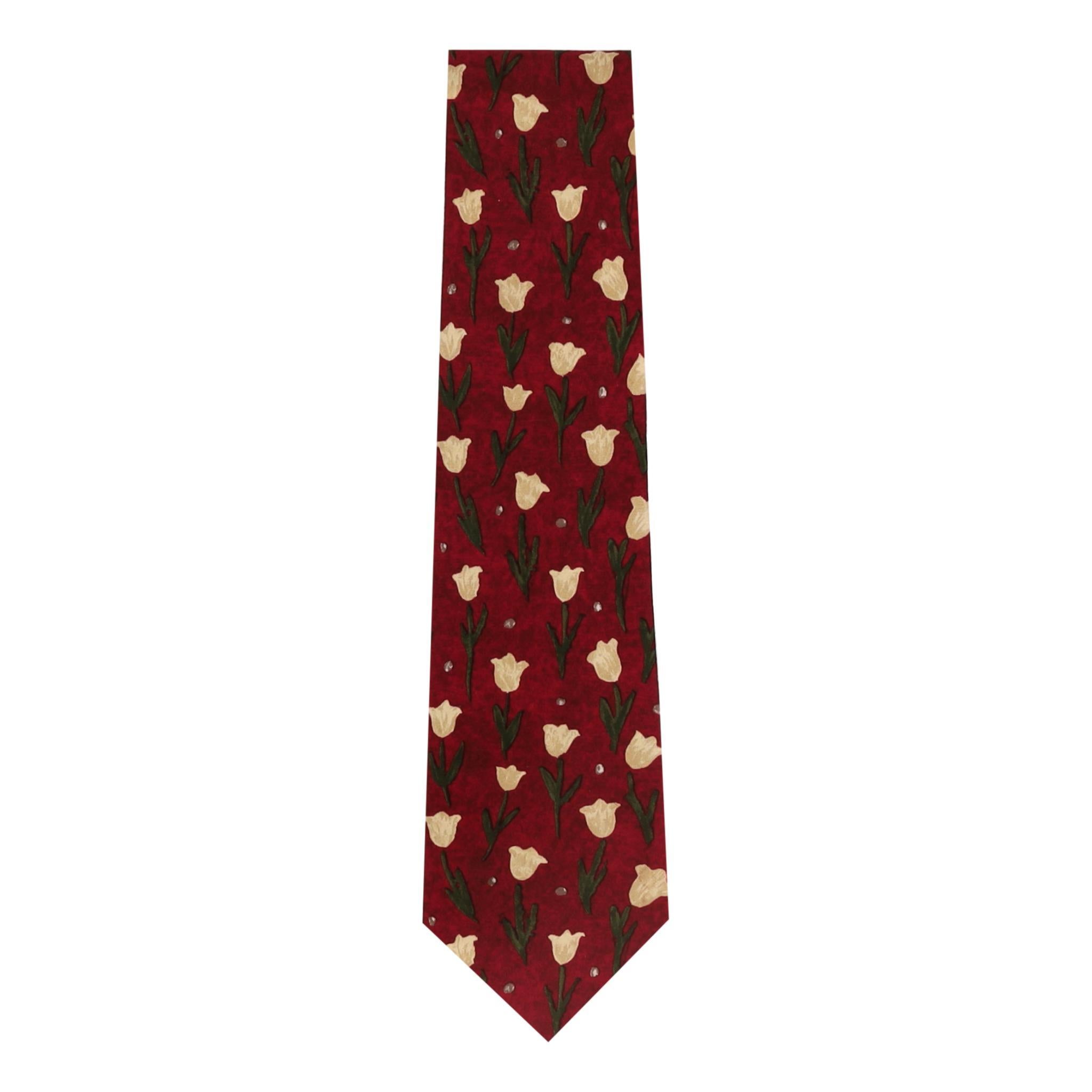 Corbata de seda con estampado de tulipanes Jaeger

Corbata roja confeccionada totalmente en seda y diseñada con un estampado de tulipanes.

Precio aprox. 60

Talla - Largo 145 cm

Estado - Muy bueno 

Composición - 100% Seda