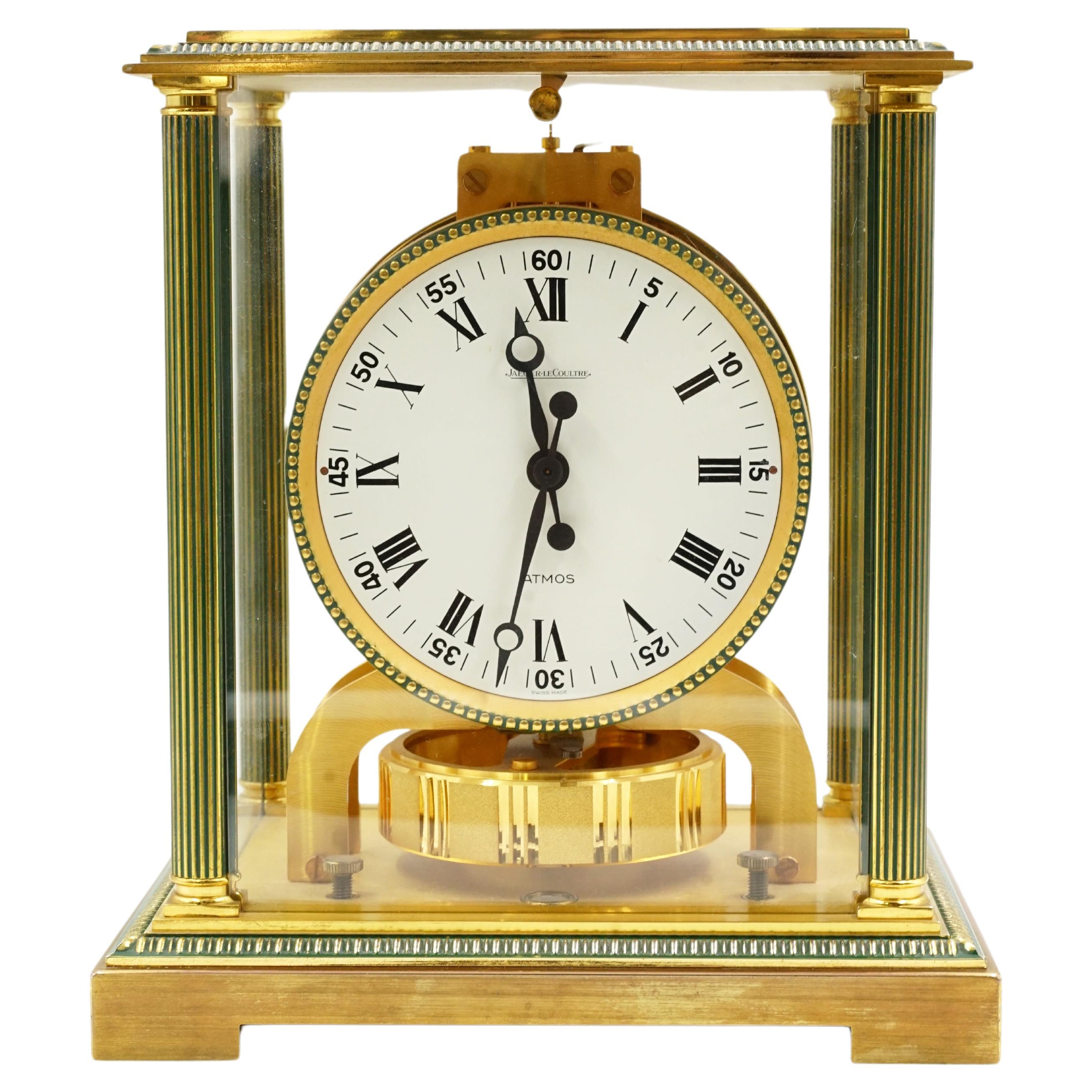 Jaeguer Le coultre Atmos table clock
Atmos Model Directory Style
Origin Switzerland Circa 1970
Excellent condition. minimal natural wear due to its age
Works correctly
Materials Gilded bronze and its columns are painted with green enamel.
white dial