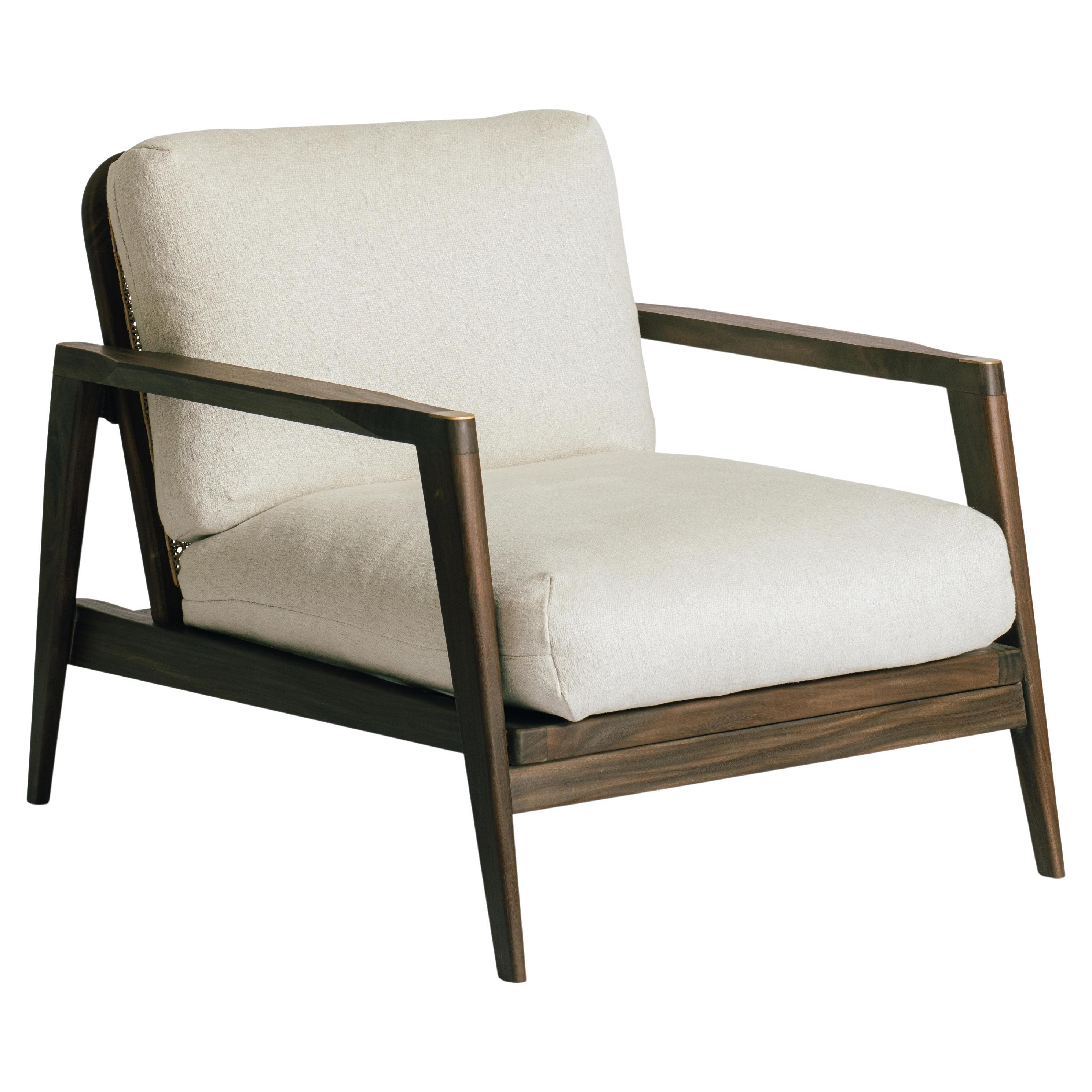 Jaffna Armchair Handmade Nedun Wood Linen Rattan Brass Mid Century, In Stock