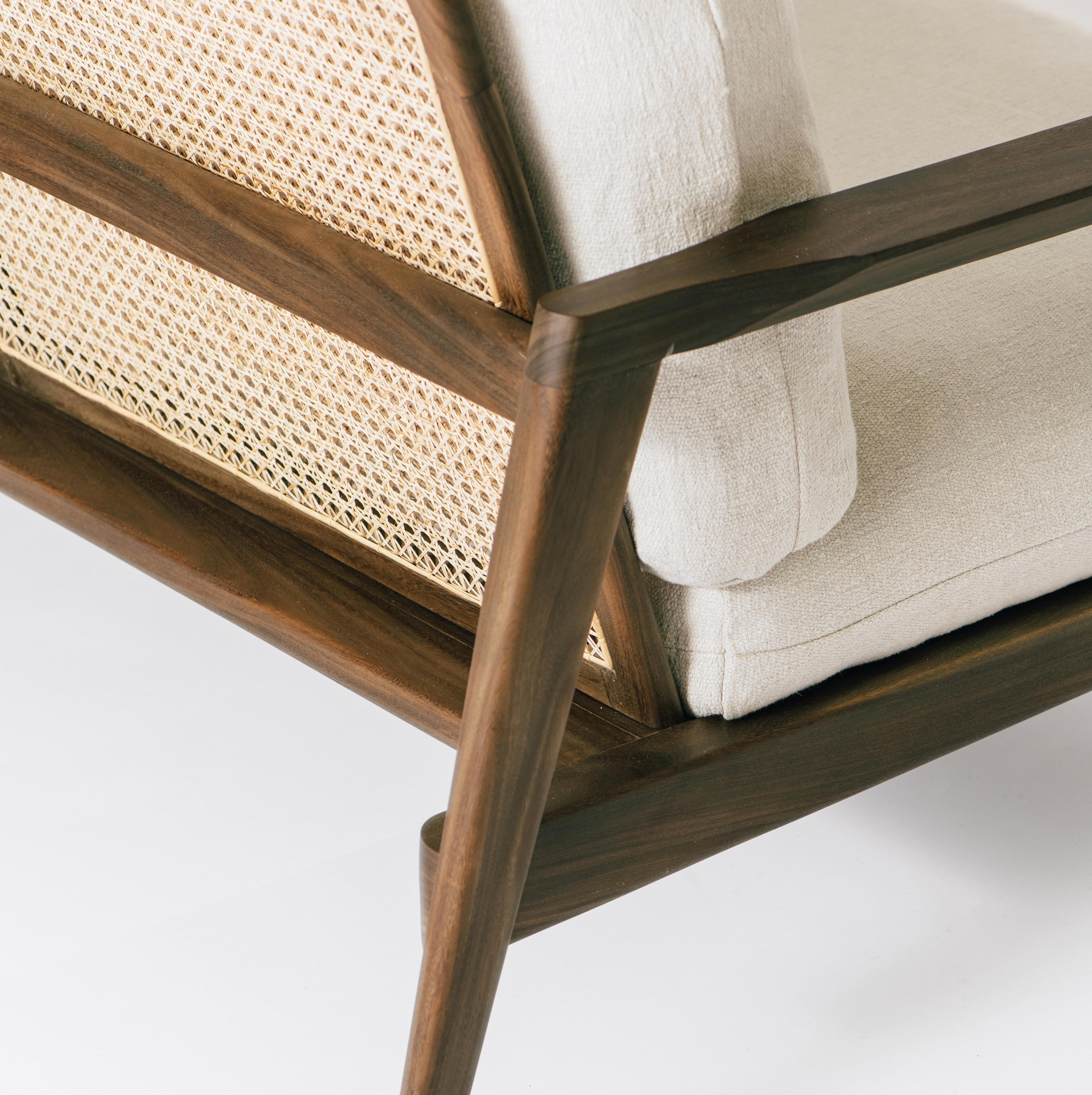 Cingalese Jaffna Sofa, Mid Century Modern Style, Linen, Rattan, Nedun Solid Wood in vendita