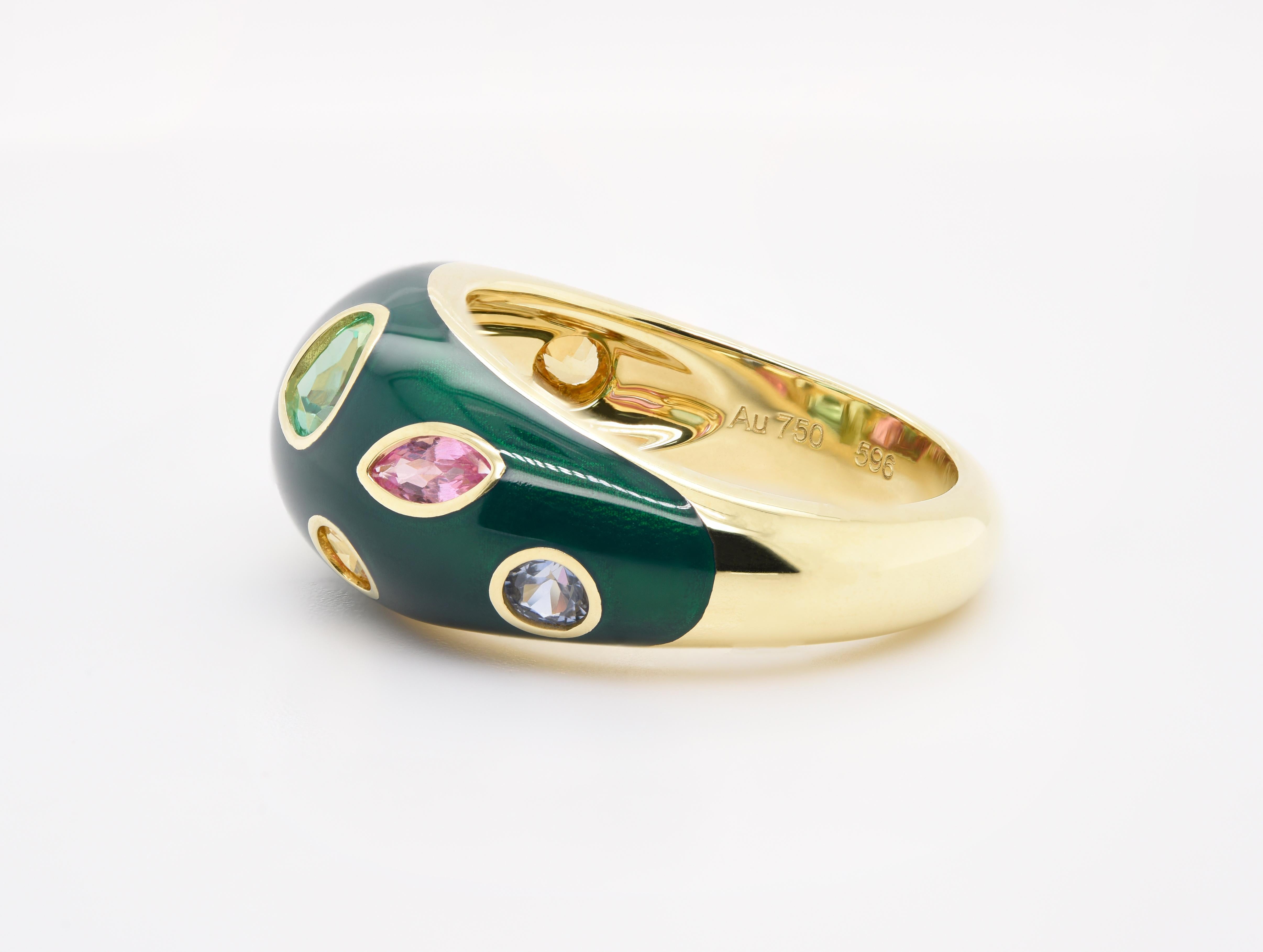 JAG New York created the one of a kind Green Ceramic Dome Ring with Sapphires, Emeralds, Peridot & Tourmaline with a total gem weight of 2.20 carats and made in 9.90 grams of 18K Yellow Gold. We can create a Dome Ring in your choice of colored