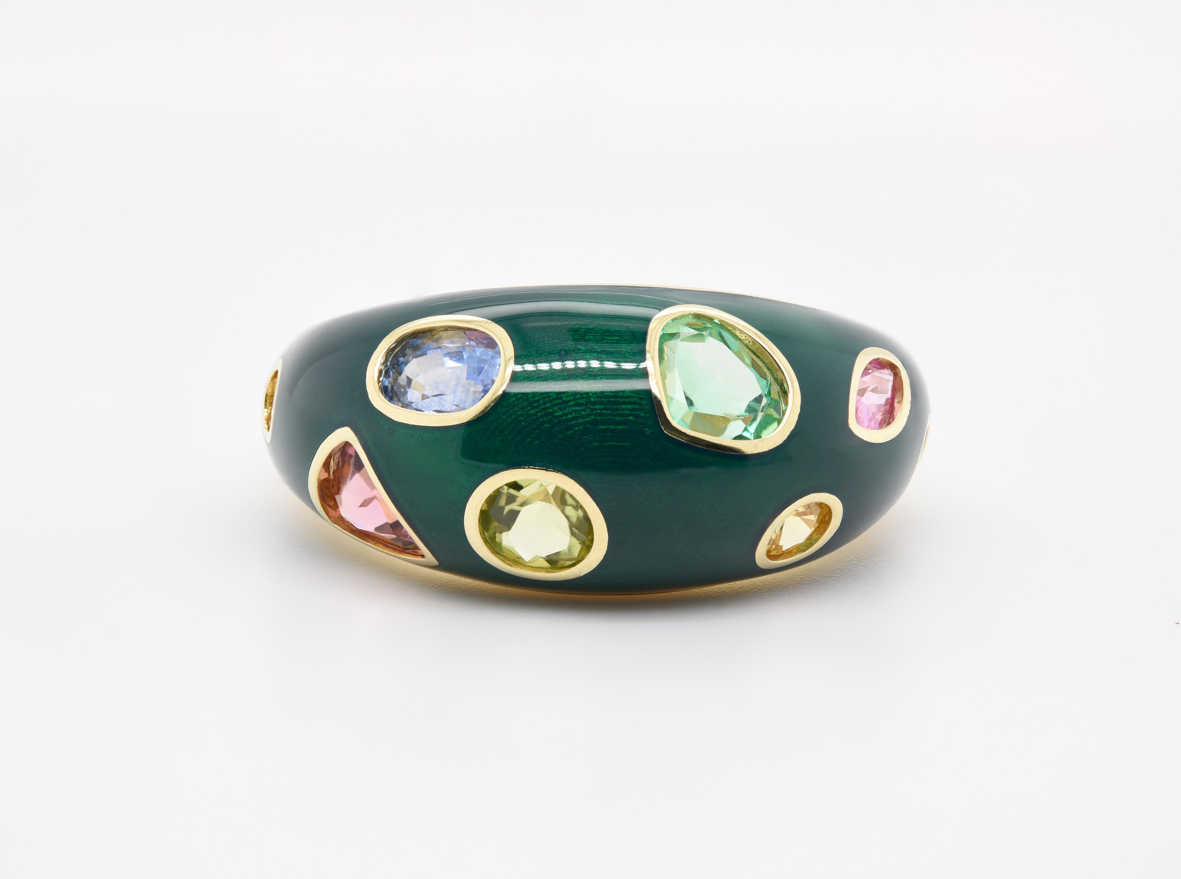 Round Cut JAG New York 18 Karat Dome Ring with Sapphires, Emeralds, Peridot and Tourmaline For Sale