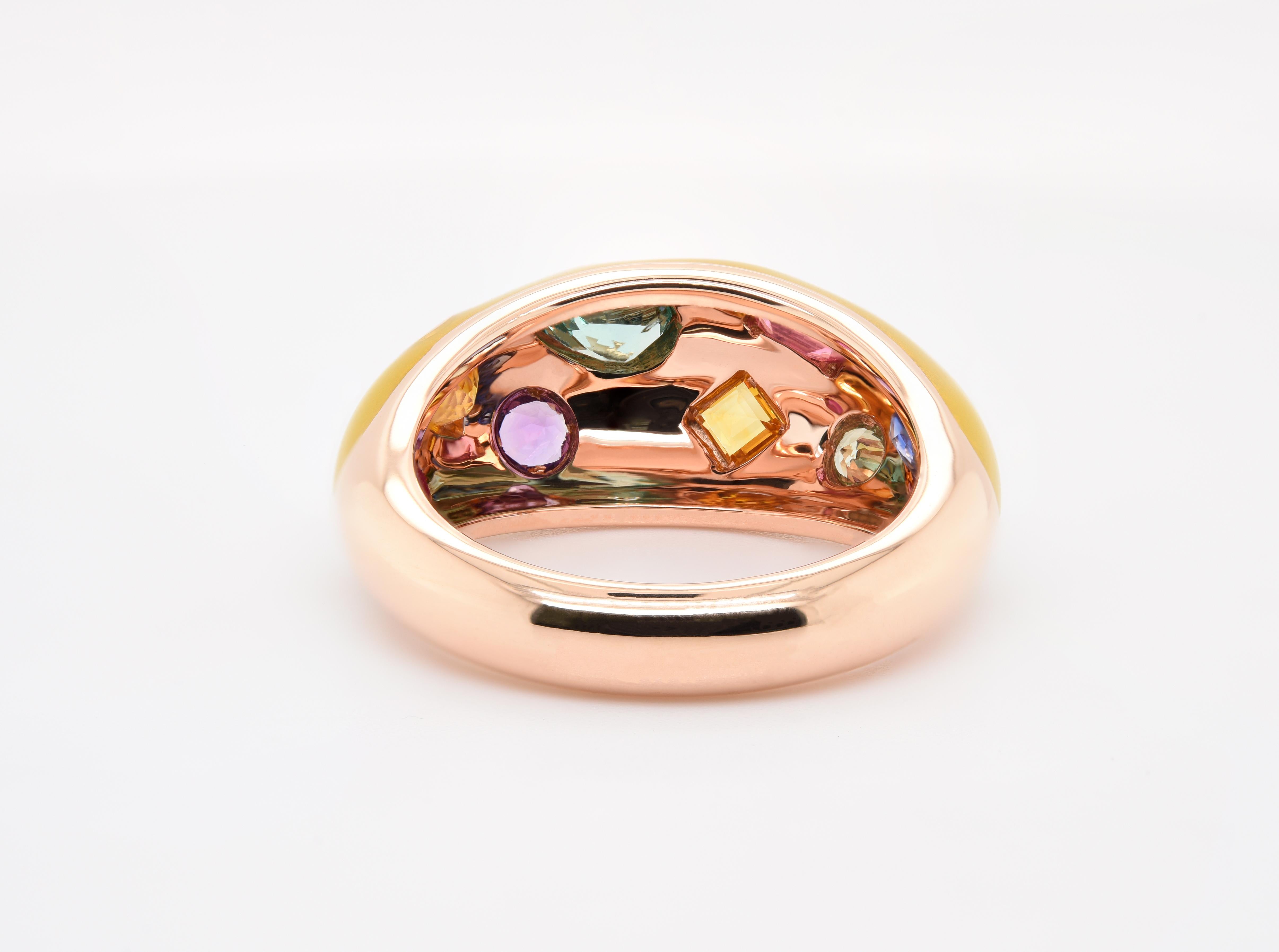 JAG New York created this one of a kind Dome Ring with Yellow Ceramic, Sapphires, Amethysts & Tourmalines for a total gem weight of 2 carats and made in 9.2 grams of 18k Rose Gold. We can create your Dome Ring with custom ceramic and gemstones, just