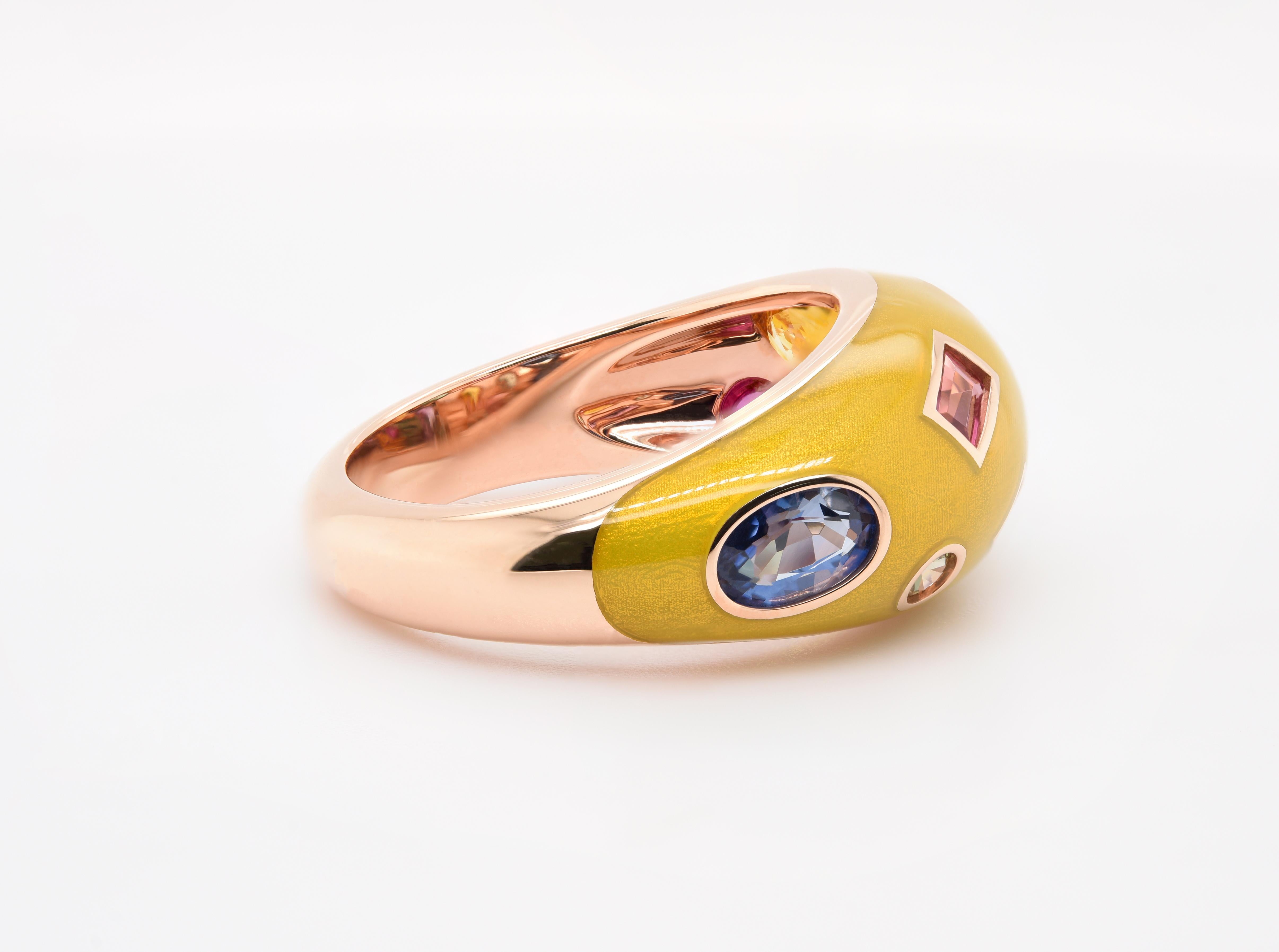 Artisan JAG New York 18 Karat Gold Dome Ring with Sapphires, Tourmaline and Amethyst For Sale