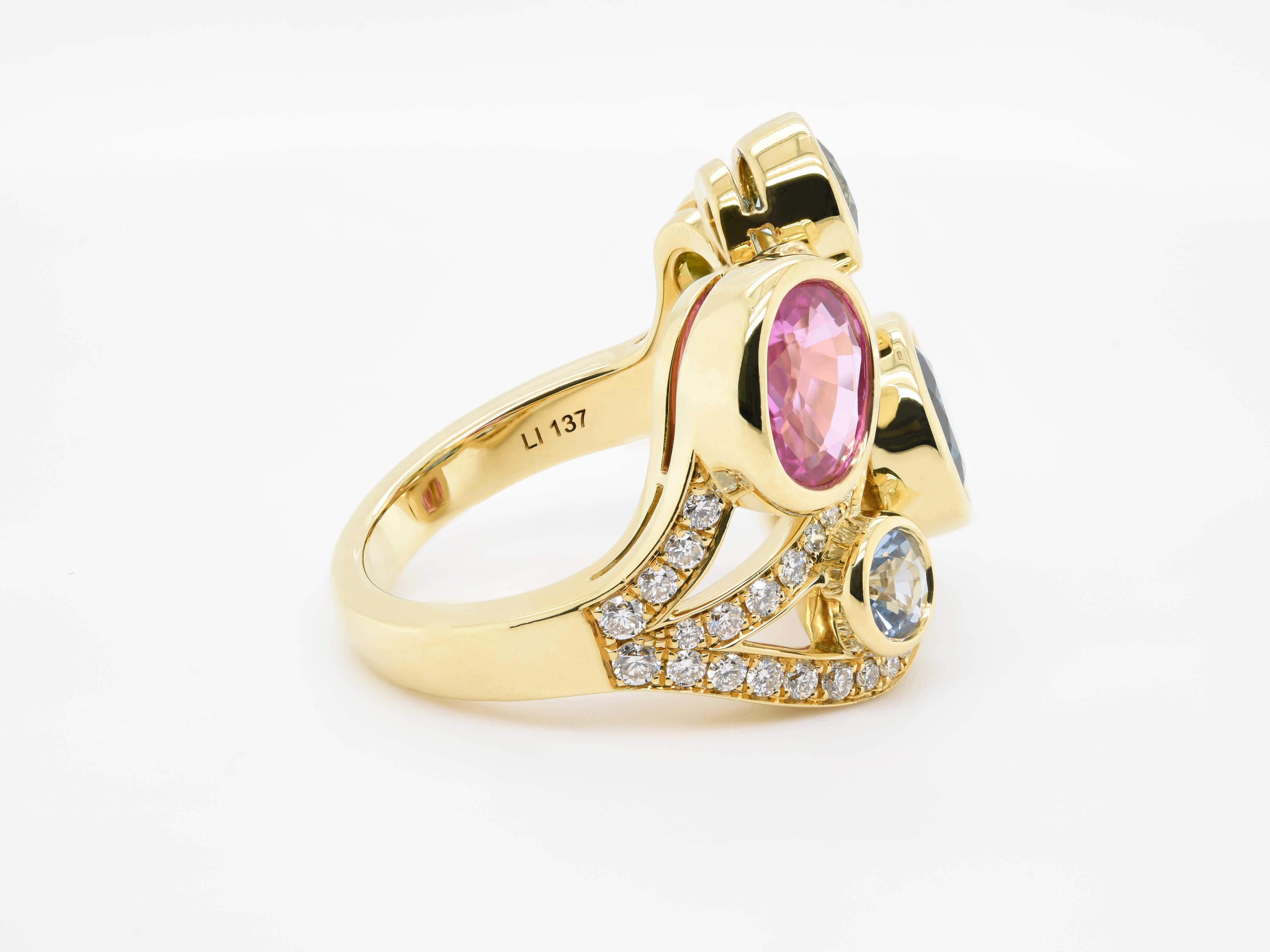 Round Cut JAG New York 18 Karat Yellow Gold Ring with a Variety of Gemstones For Sale