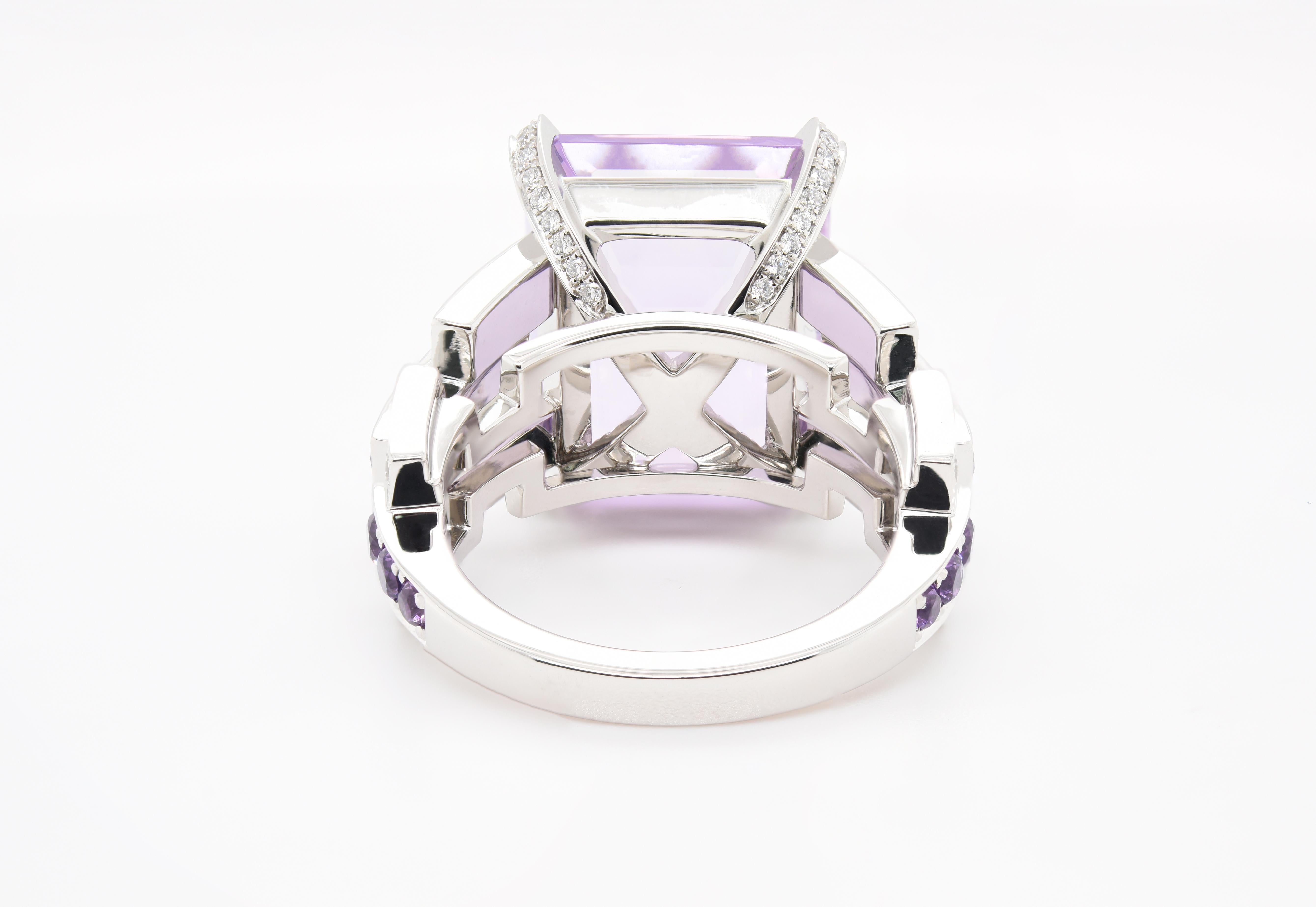 This amazing ring has over 11 carats in Amethyst and 60 Diamonds for a total gem weight of almost 12 carats all created in Platinum.
