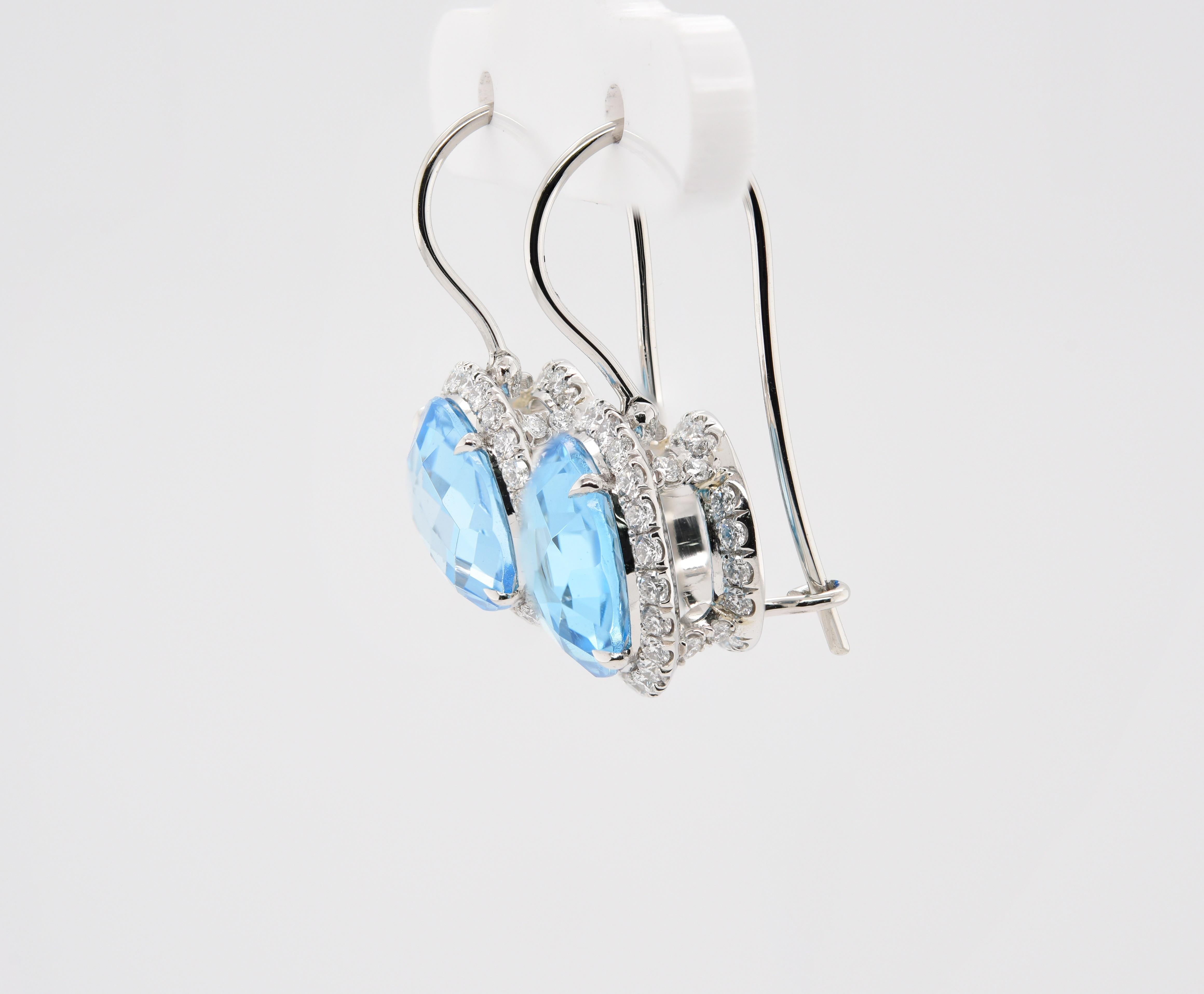 Round Cut JAG New York Blue Topaz and Diamond Halo Platinum Earrings  For Sale
