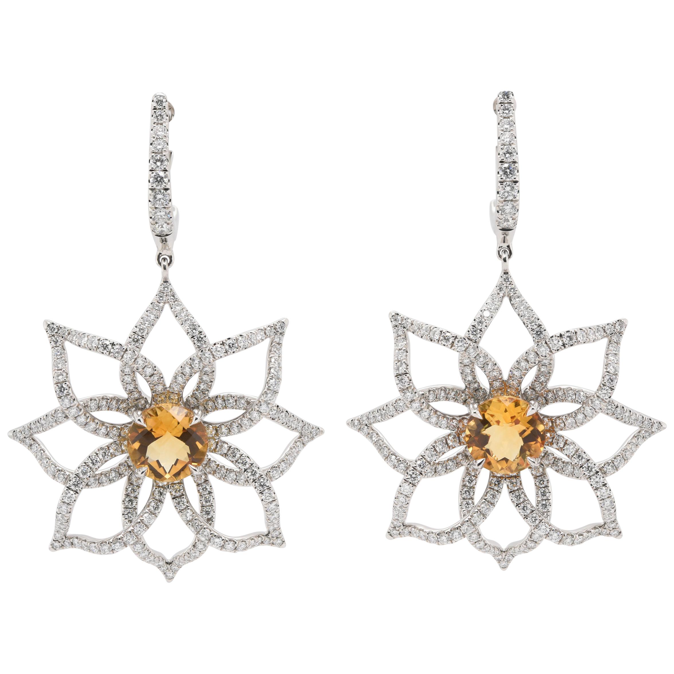 JAG New York Citrine and Diamond Petal Earrings Created in Platinum For Sale
