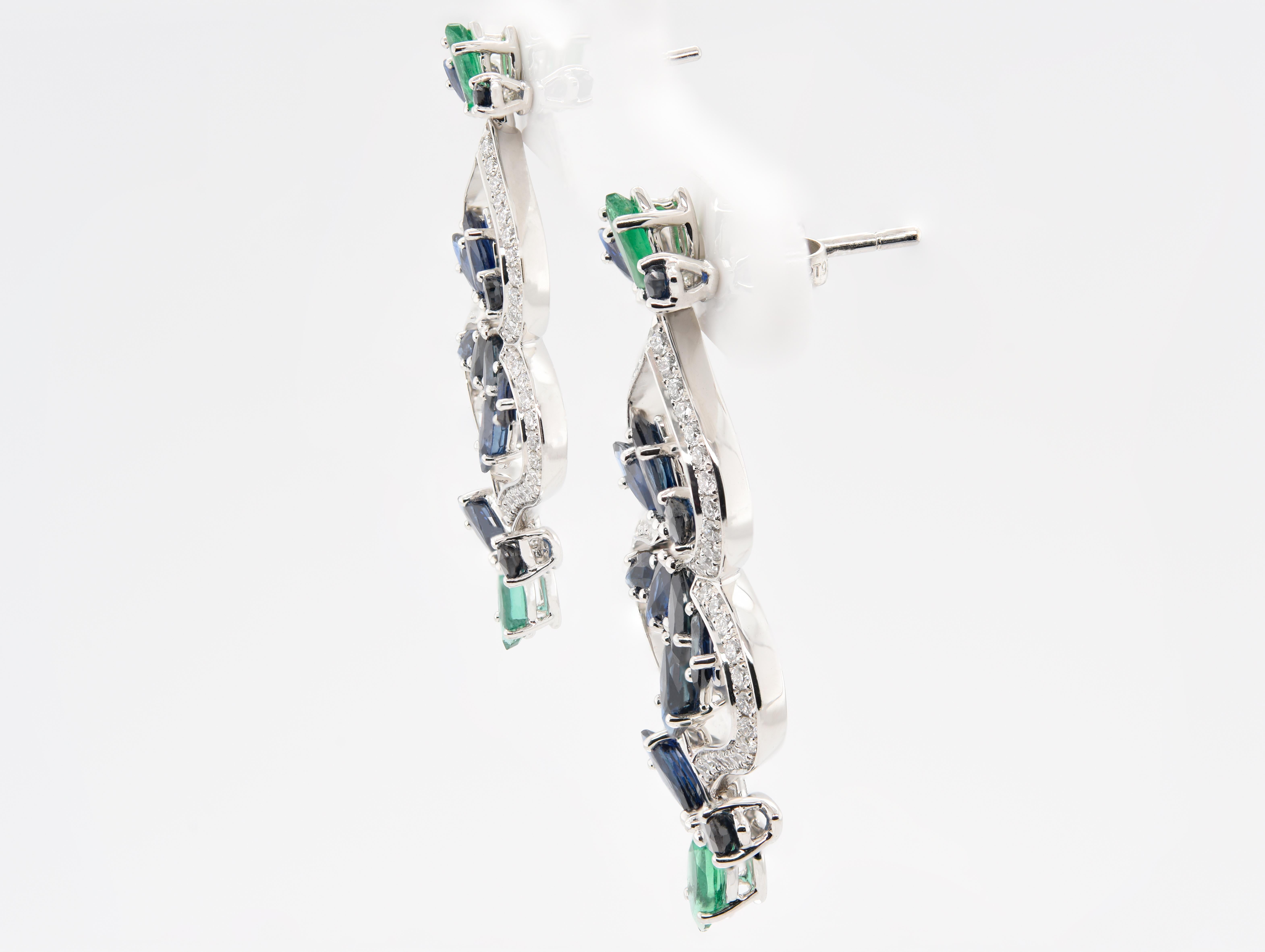Artisan JAG New York Diamond, Sapphire and Emerald Drop Earrings in Platinum For Sale