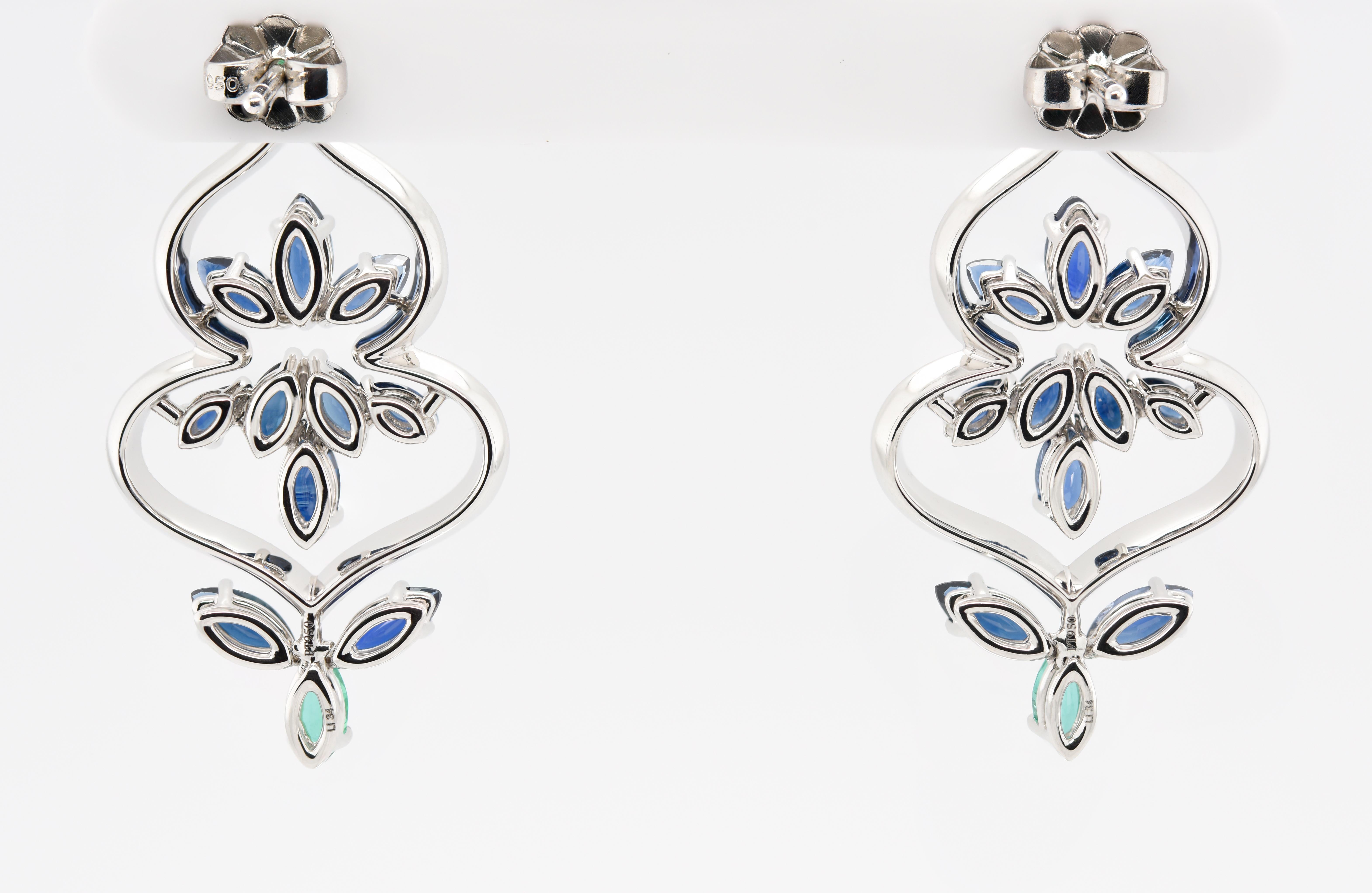 Marquise Cut JAG New York Diamond, Sapphire and Emerald Drop Earrings in Platinum For Sale