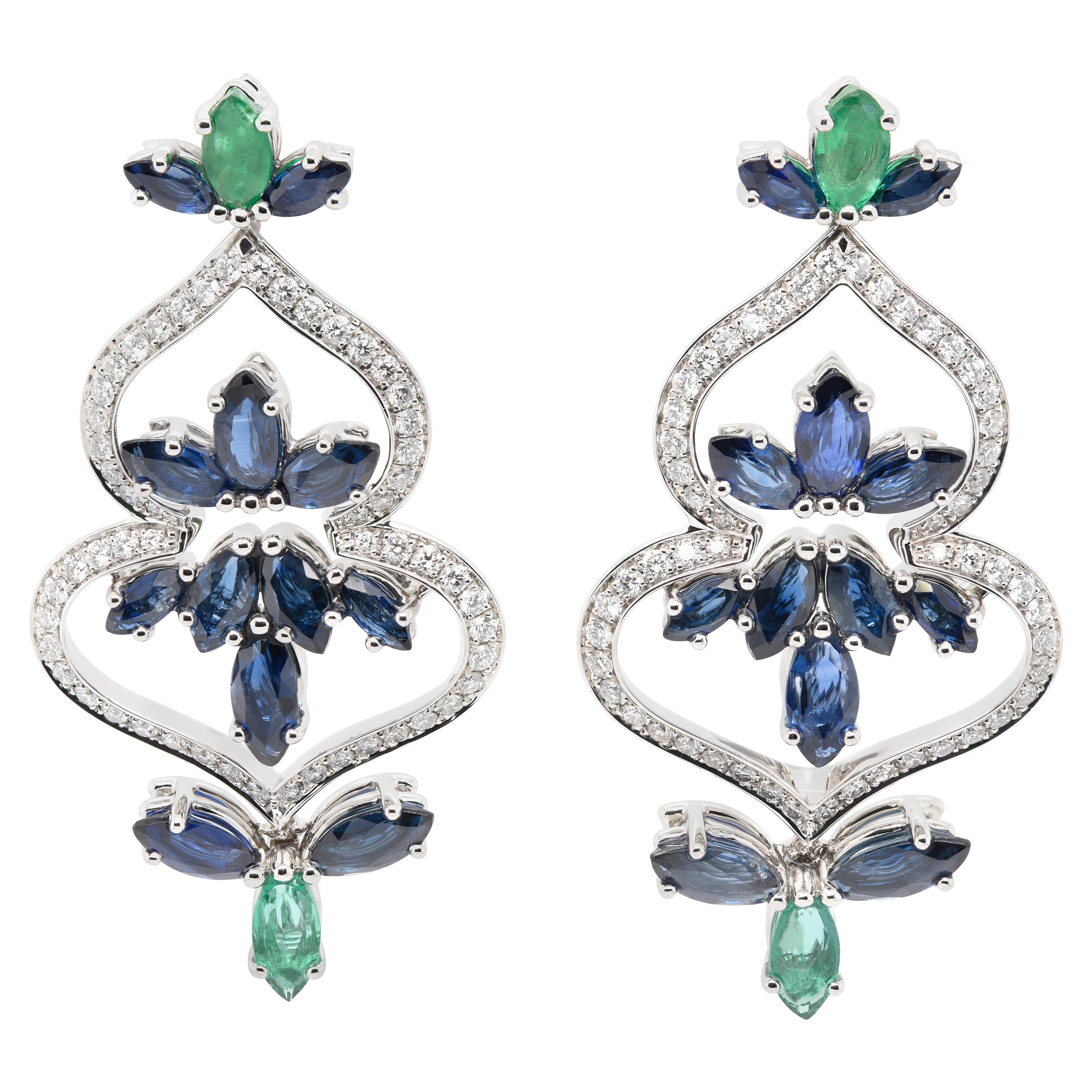 JAG New York Diamond, Sapphire and Emerald Drop Earrings in Platinum For Sale