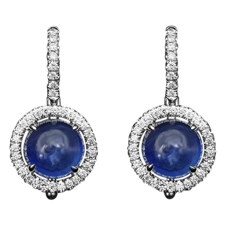 JAG New York Halo Earrings with Cabochon Sapphires and Diamonds Set in Platinum For Sale