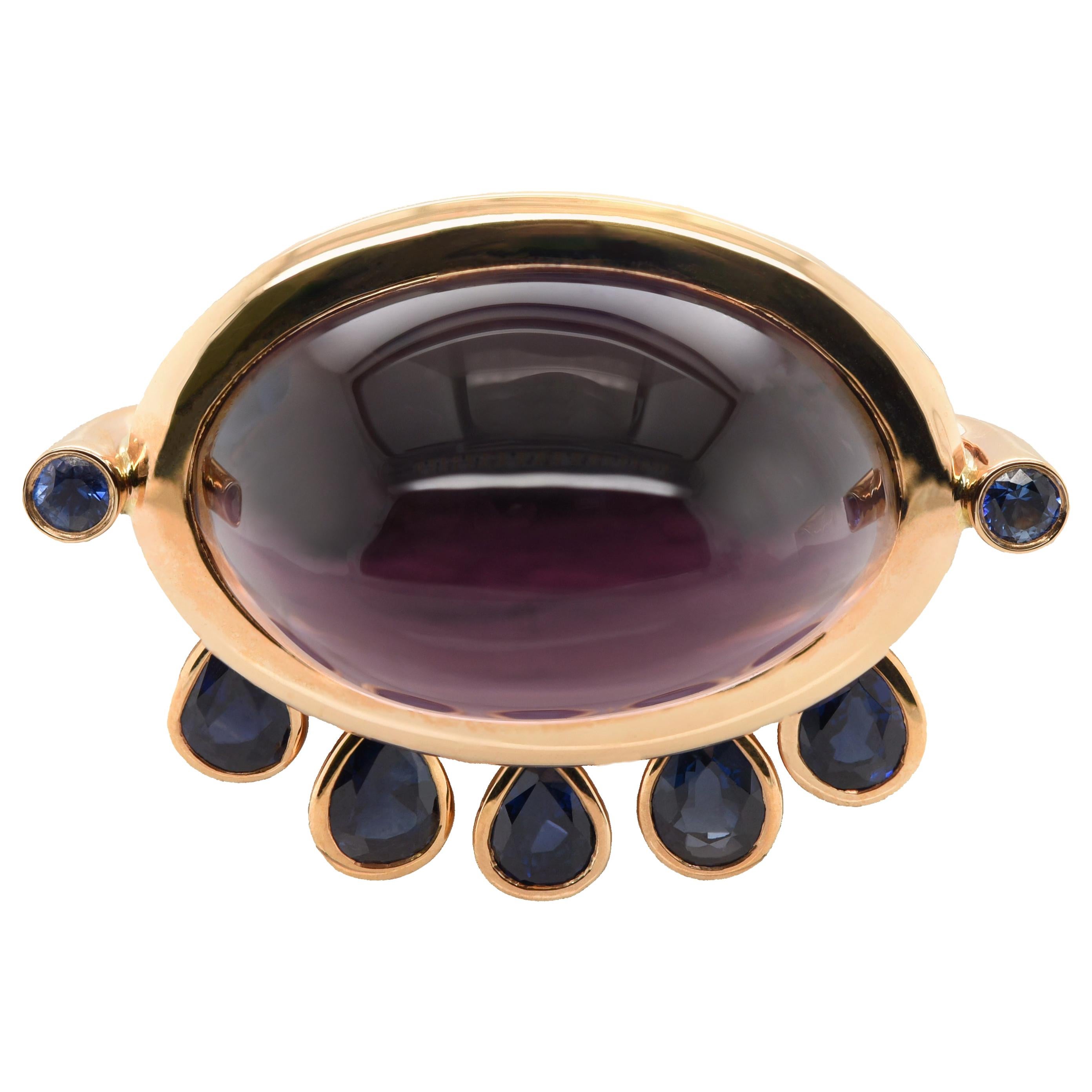 JAG New York Oval Amethyst Ring with Briolette Drops in 20 Karat Yellow Gold For Sale