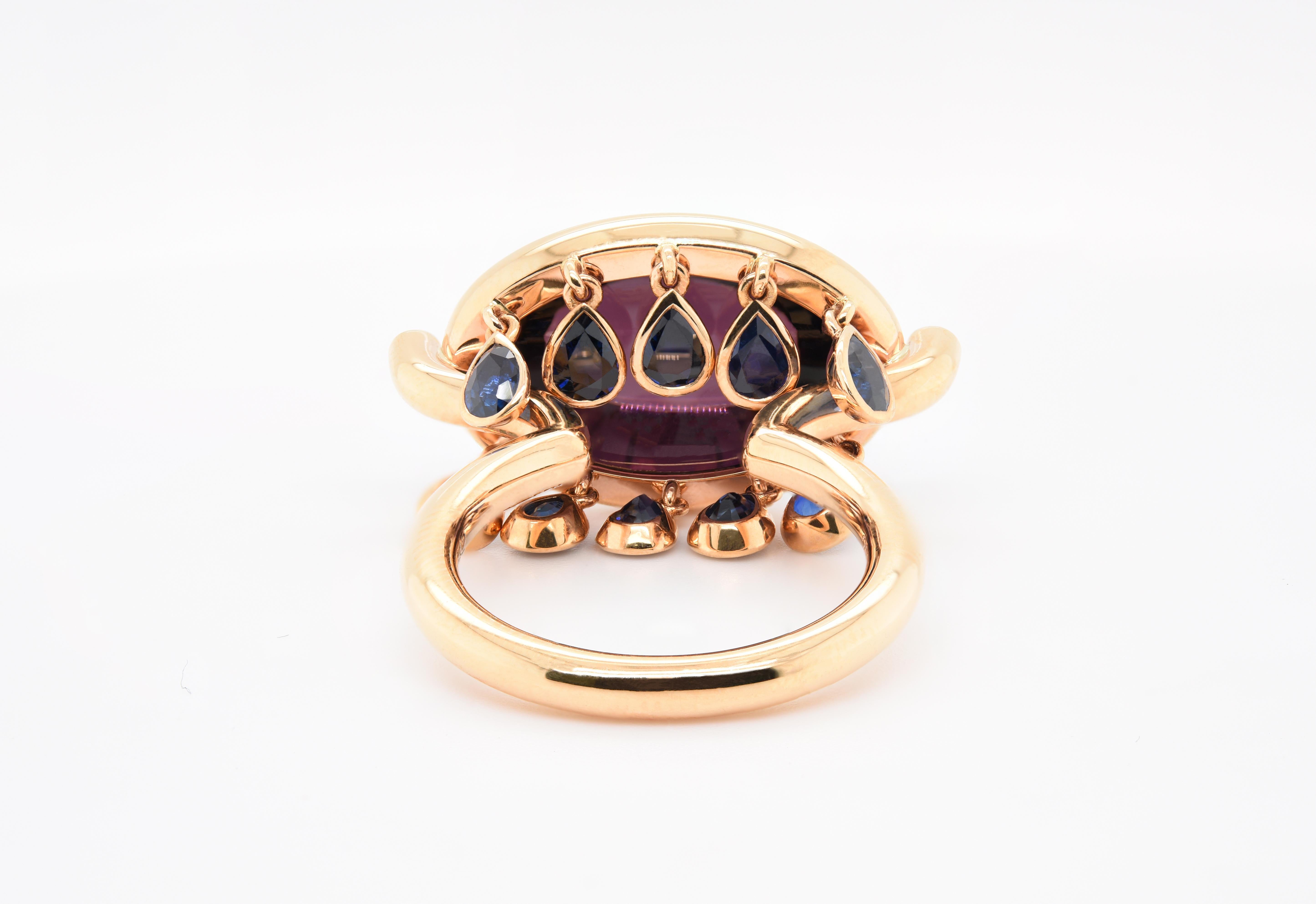 Oval Cut JAG New York Oval Amethyst Ring with Briolette Drops in 20 Karat Yellow Gold For Sale