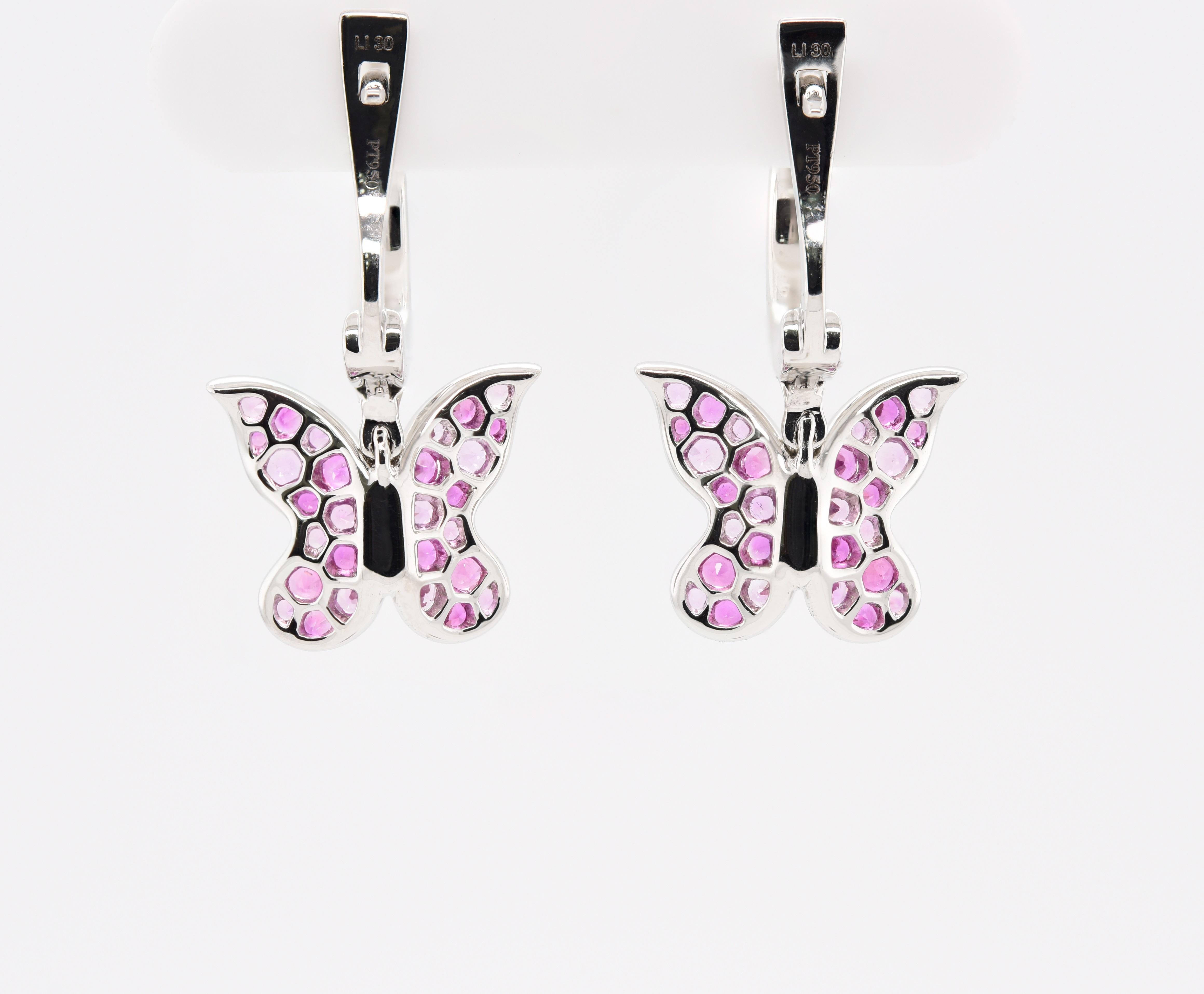 Artisan JAG New York Pink Sapphire Butterfly Earrings with Lever Backs in Platinum For Sale
