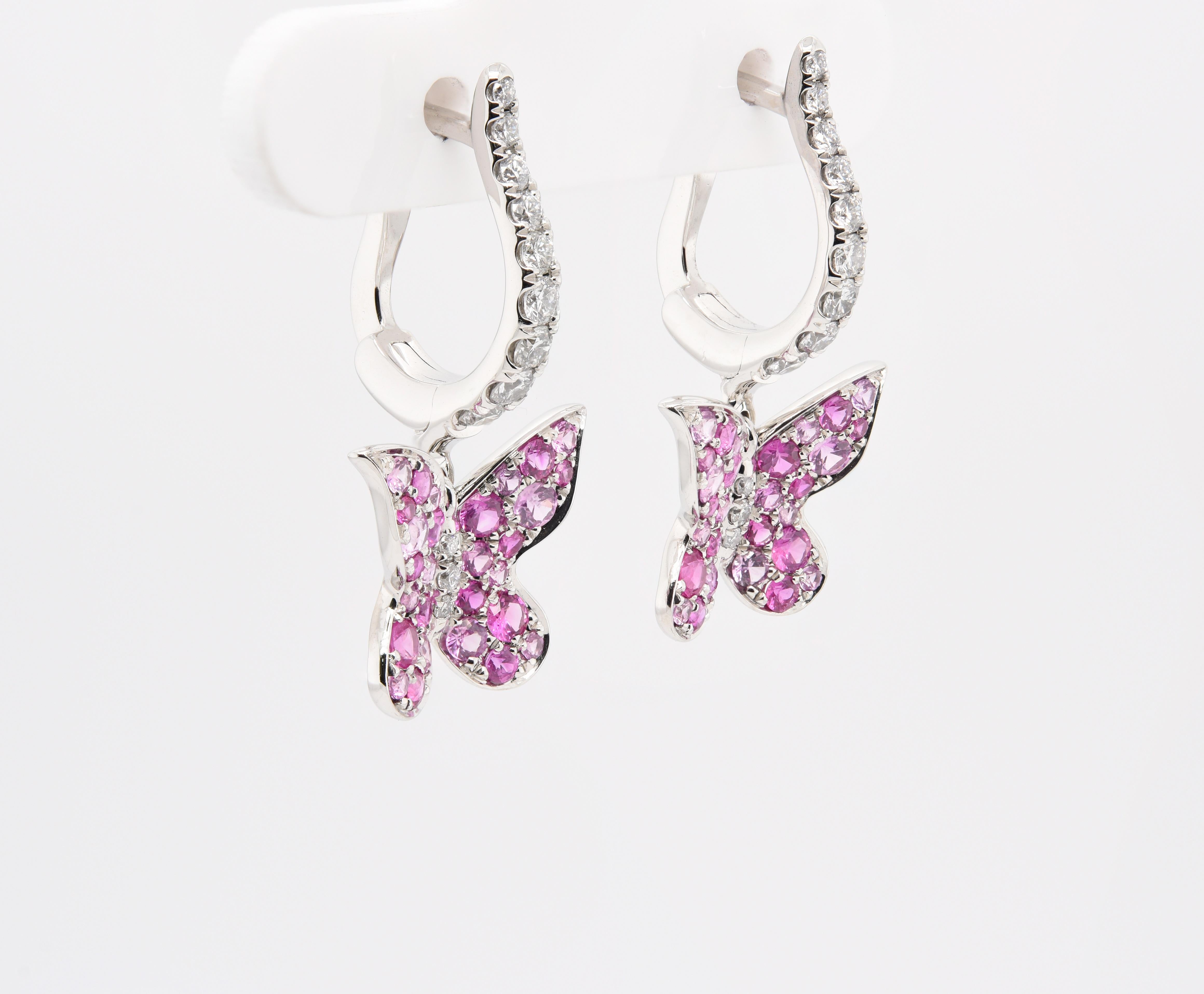 Round Cut JAG New York Pink Sapphire Butterfly Earrings with Lever Backs in Platinum For Sale