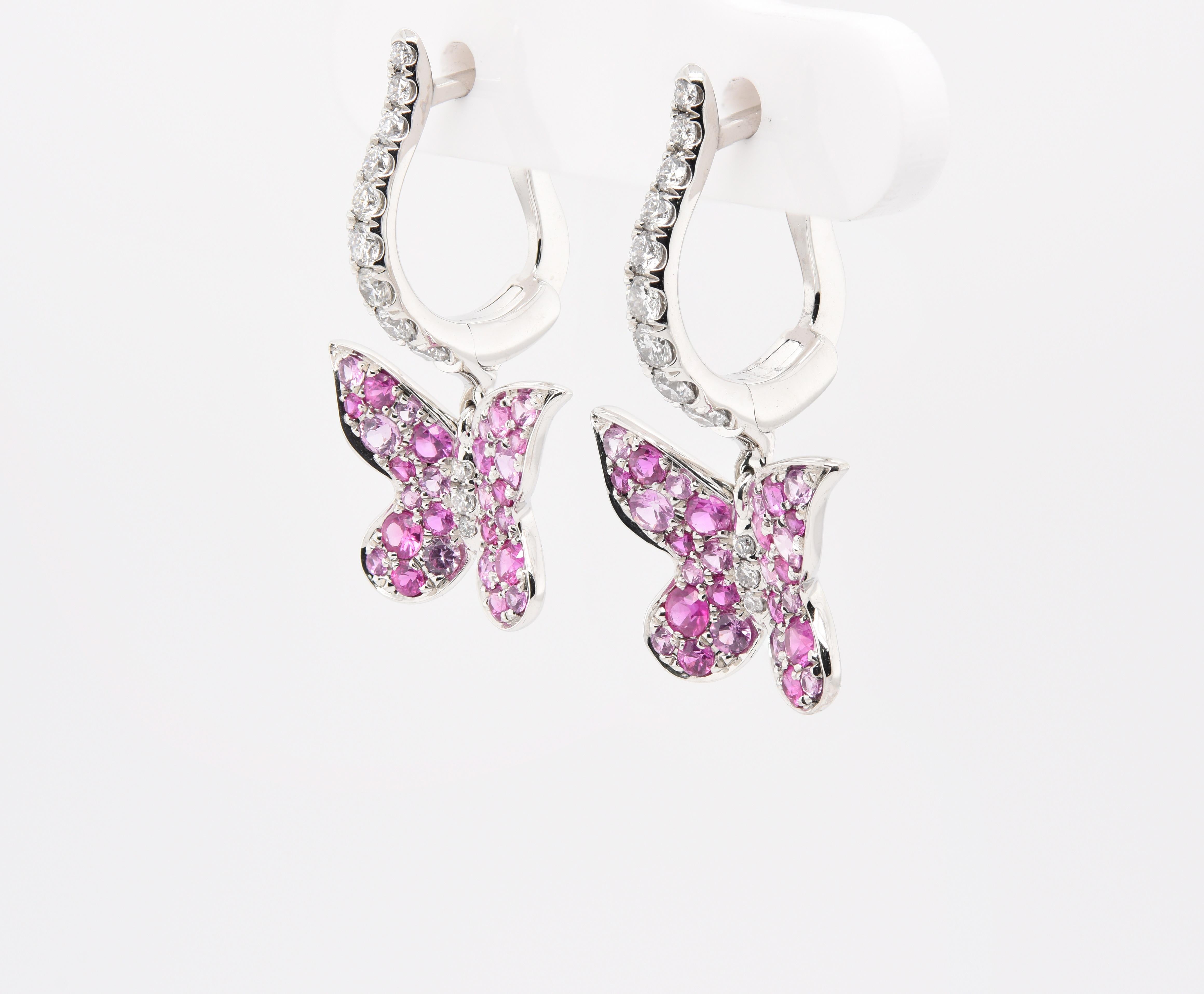 Women's JAG New York Pink Sapphire Butterfly Earrings with Lever Backs in Platinum For Sale