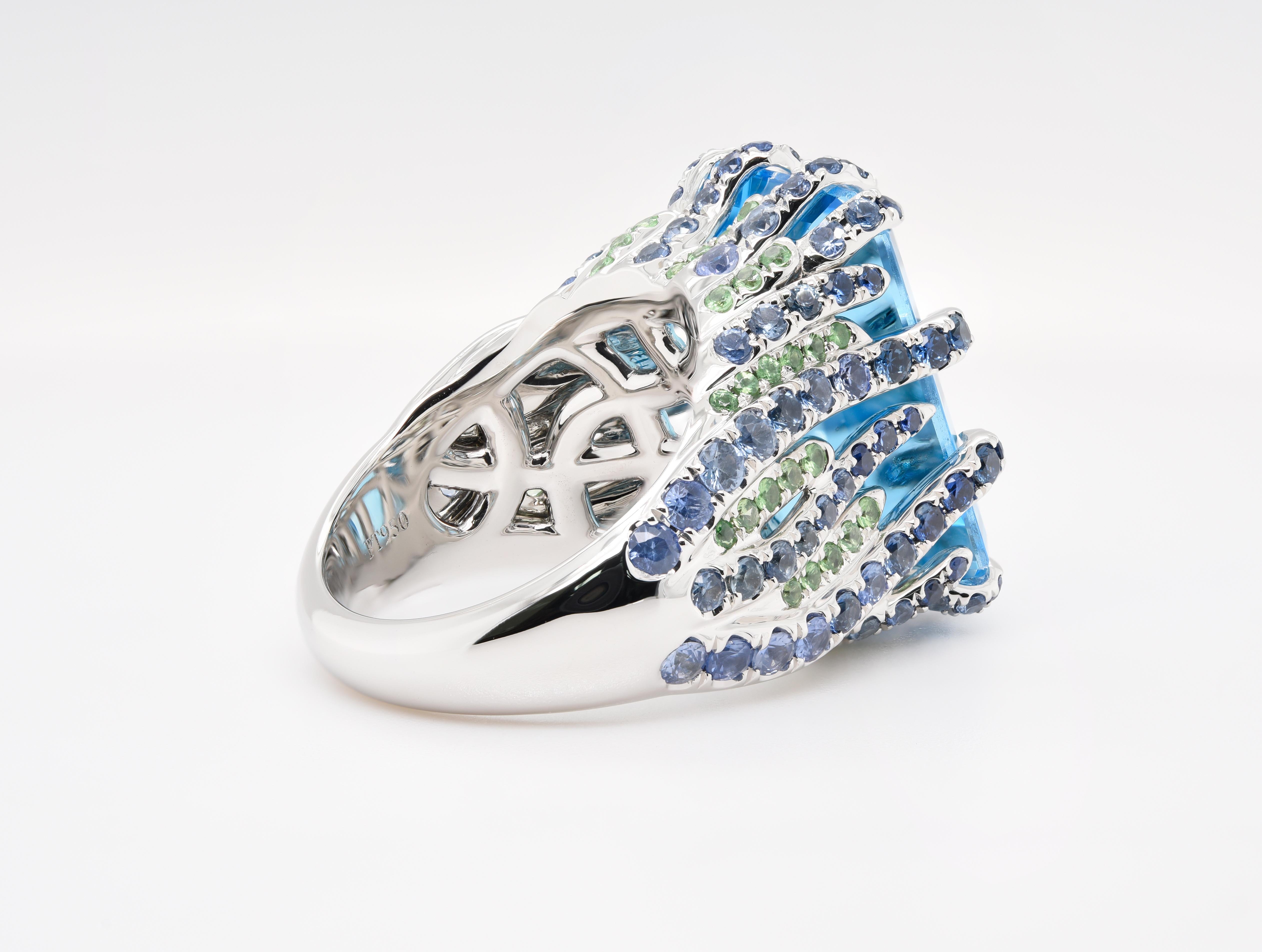 Women's or Men's JAG New York Platinum Blue Topaz, Tsavorite and Sapphire Ring  For Sale