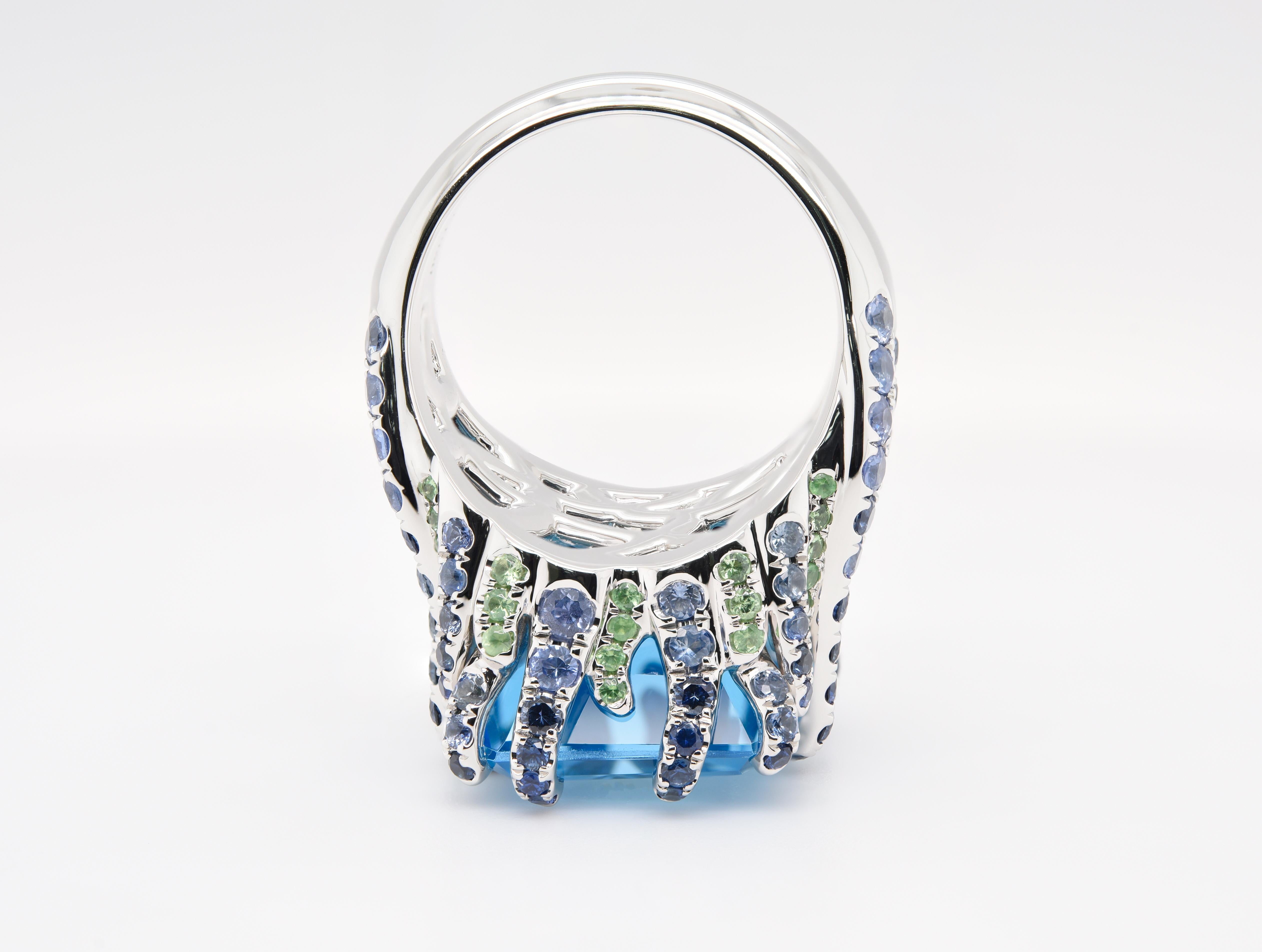 JAG New York Platinum Blue Topaz, Tsavorite and Sapphire Ring  For Sale 1