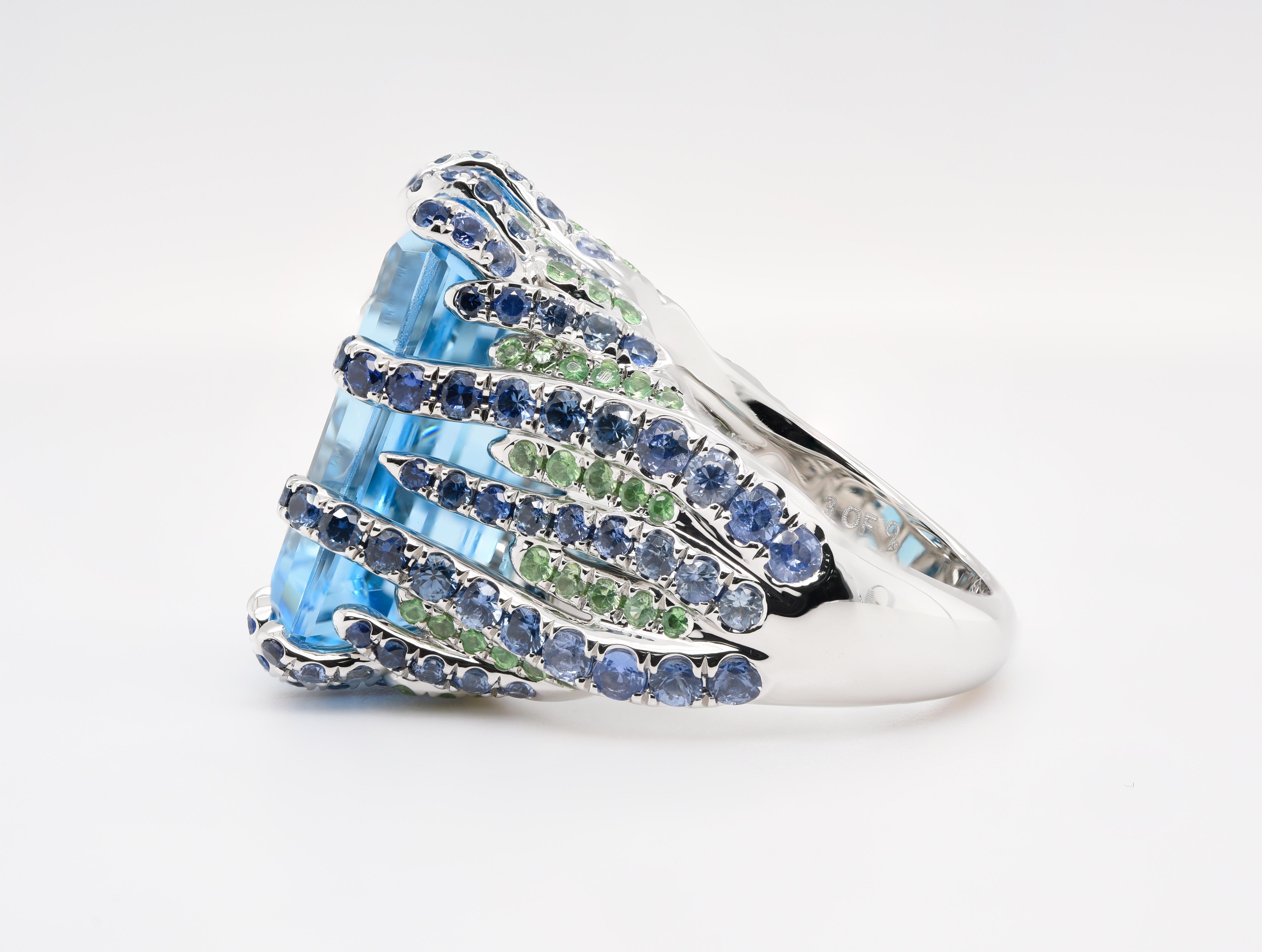 Artisan JAG New York Platinum Blue Topaz, Tsavorite and Sapphire Ring  For Sale