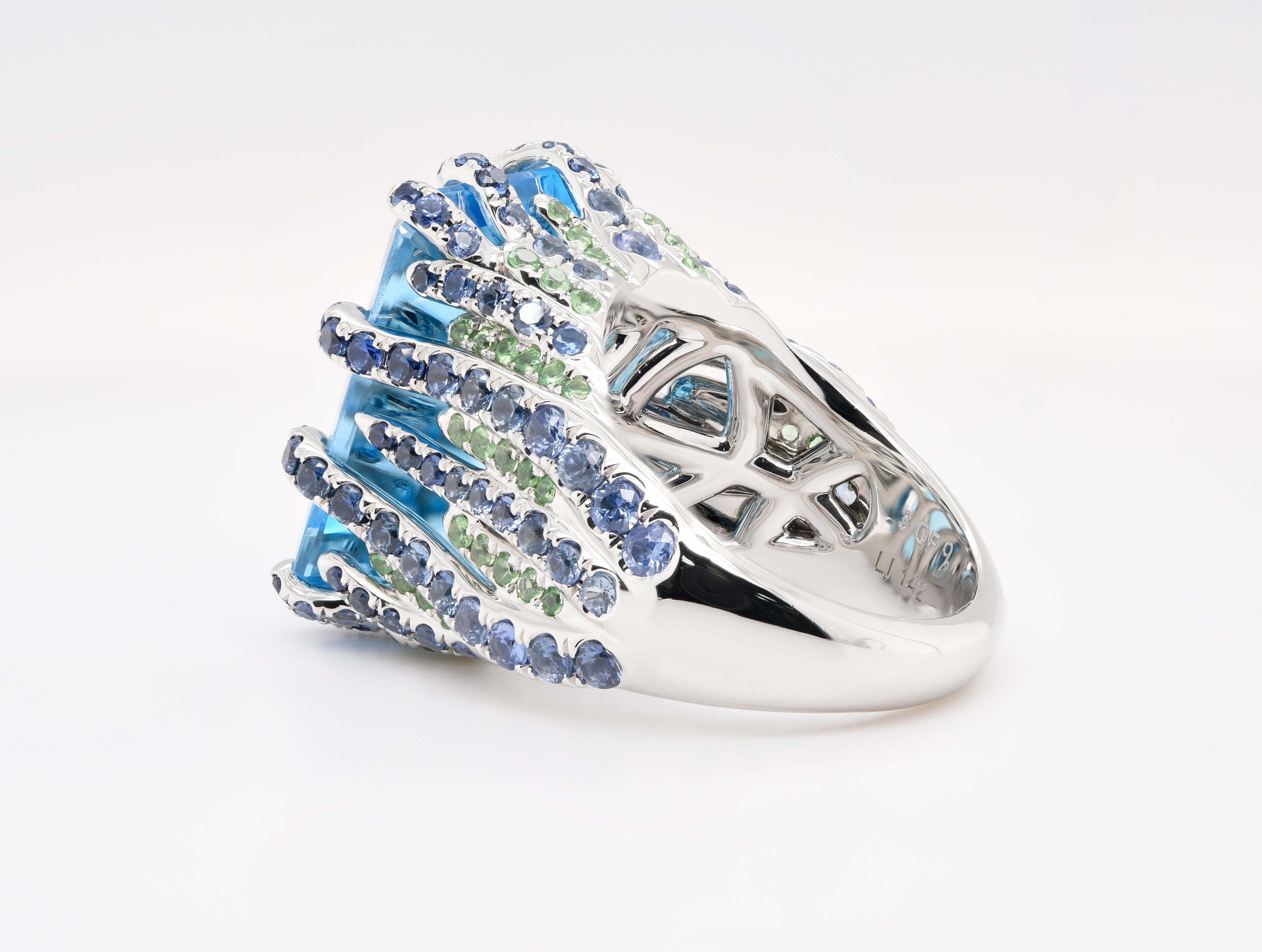 Emerald Cut JAG New York Platinum Blue Topaz, Tsavorite and Sapphire Ring  For Sale