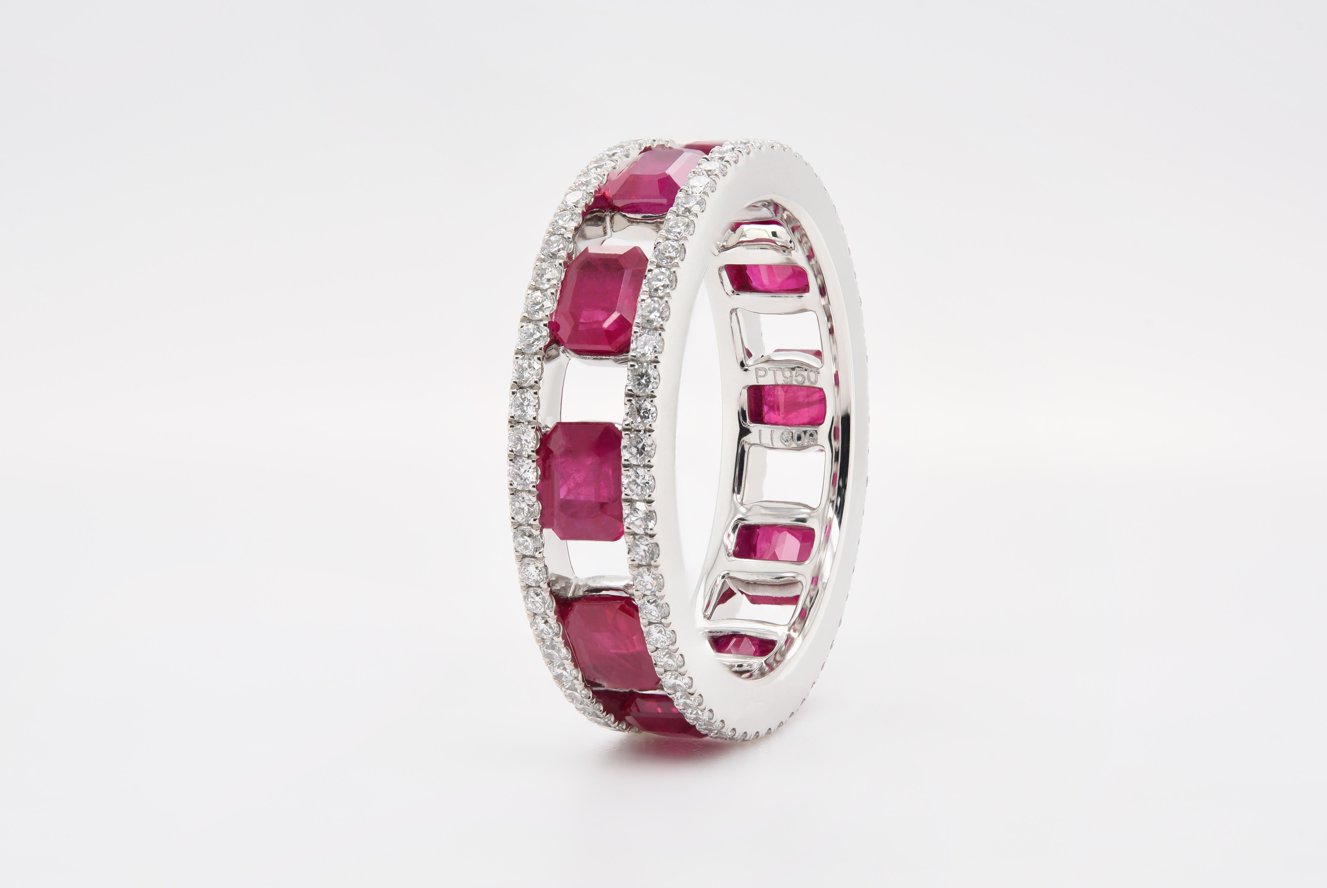 Emerald Cut JAG New York Ruby and Diamond Band in Platinum For Sale