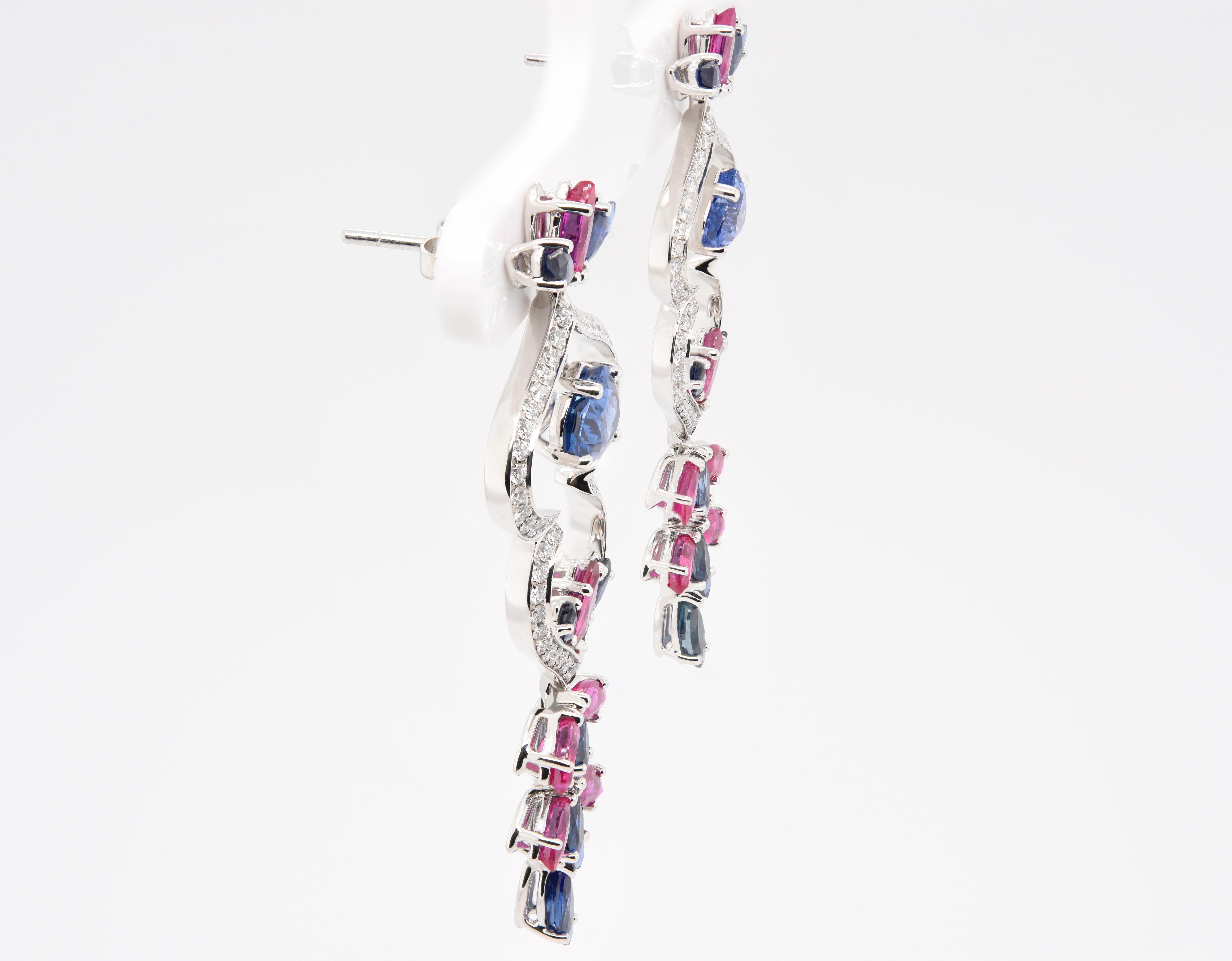 Artisan JAG New York Ruby and Sapphire Drop Earrings Created in Platinum For Sale