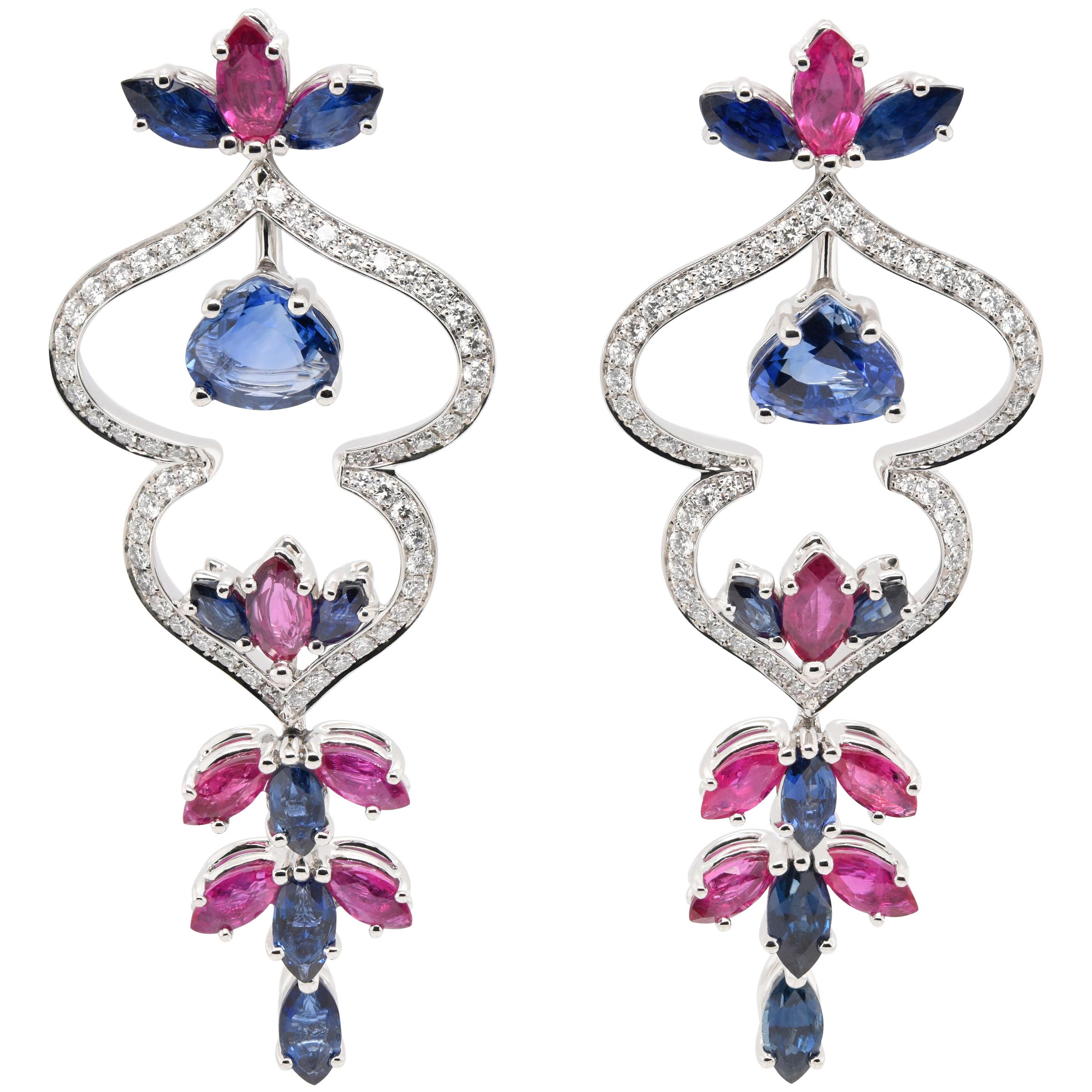JAG New York Ruby and Sapphire Drop Earrings Created in Platinum For Sale