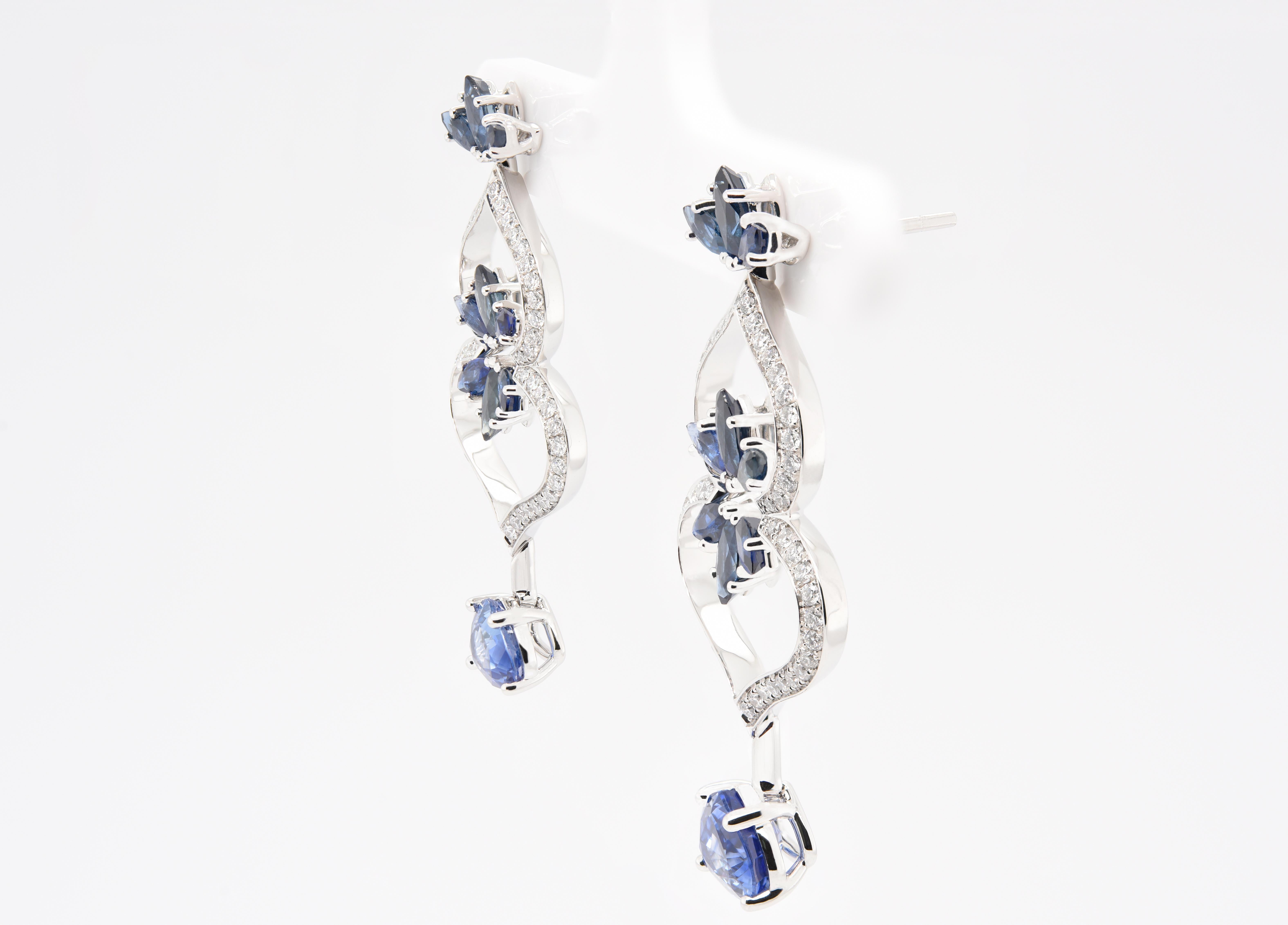 Artist JAG New York Sapphire and Diamond Earrings in Platinum Shaped Like Spades For Sale